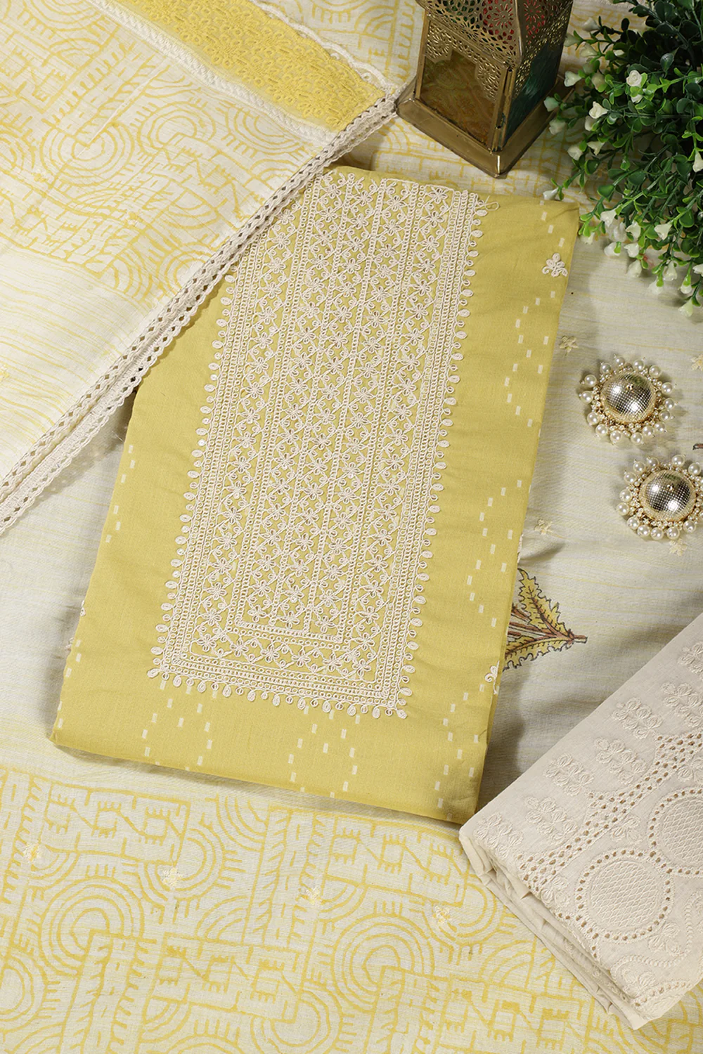 Mustard Colour Cotton Printed & Resham Neck Embroidered Unstitched Suit - Image 4