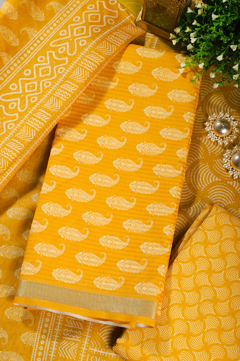 Mustard Cotton Boota Block Print Unstitched Suit Fabric - Image 4