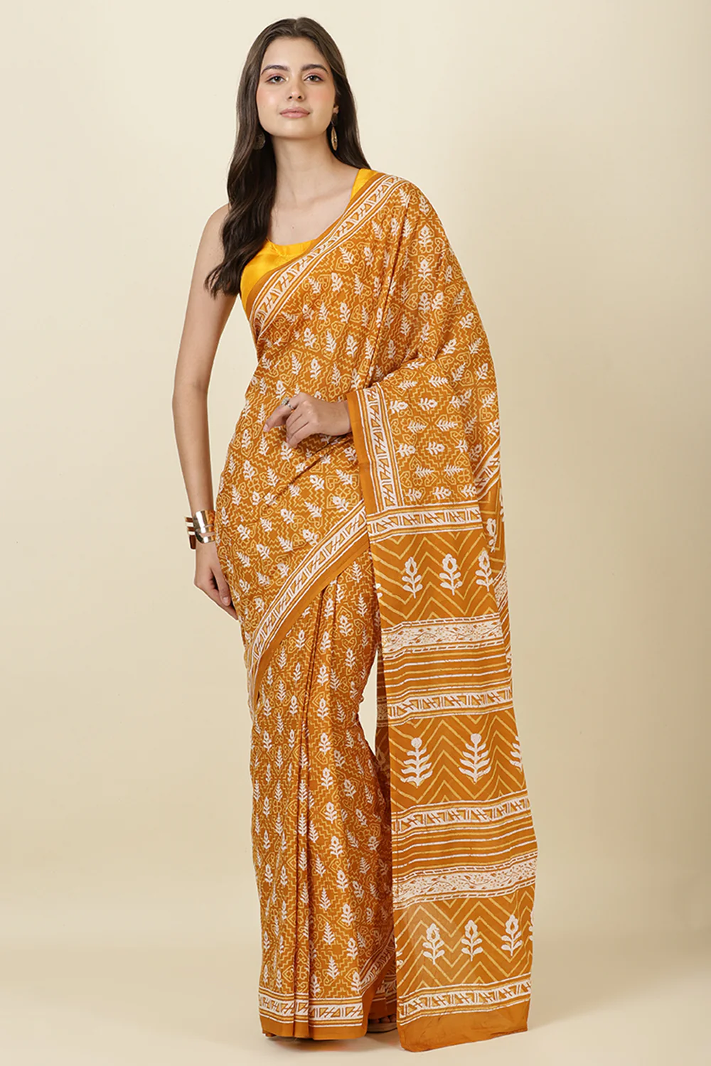 Mustard Cotton Dhabu Printed Saree - Image 2