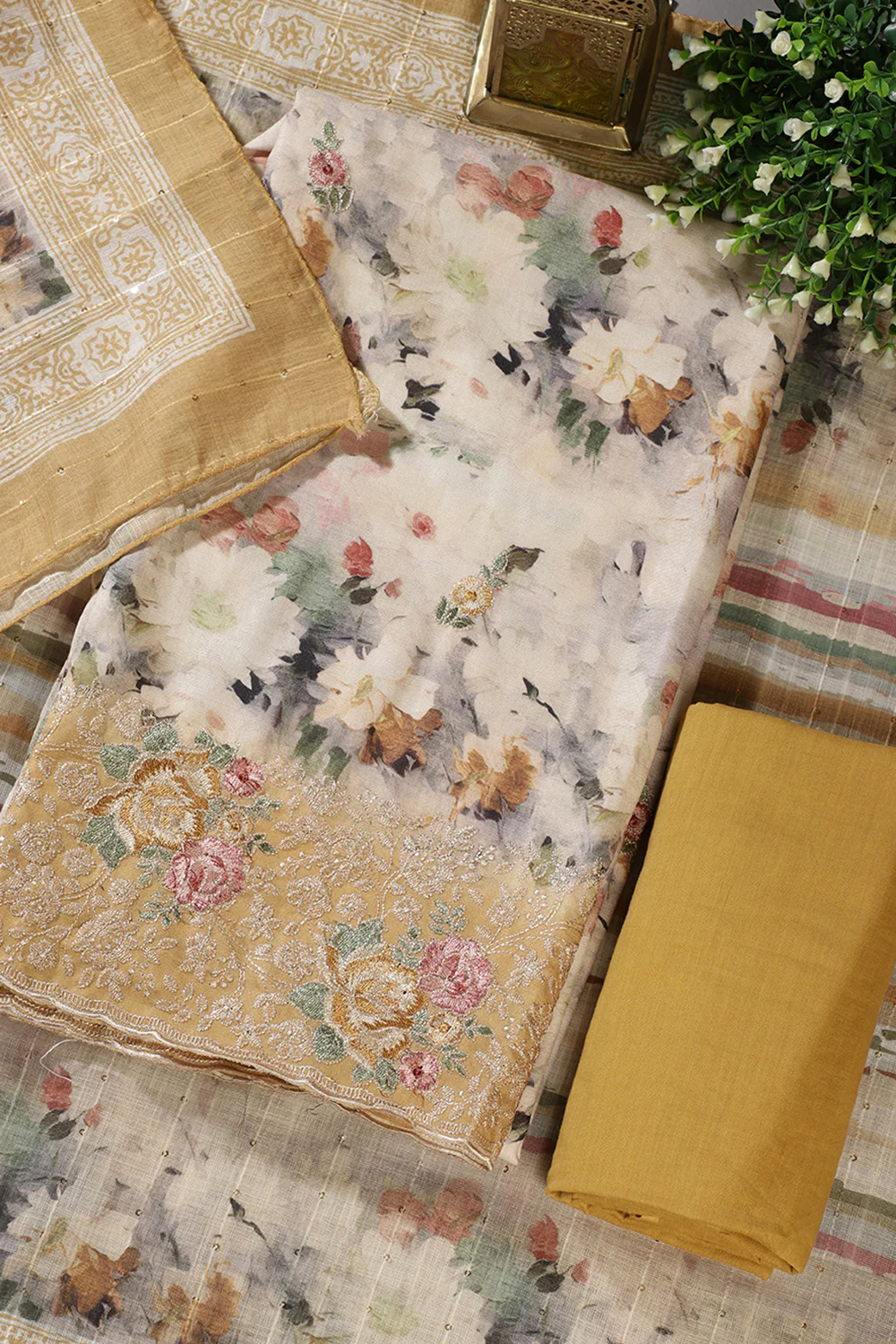 Mustard Cotton Floral Printed And Hemline Embroidered Unstitched Suit - Image 2