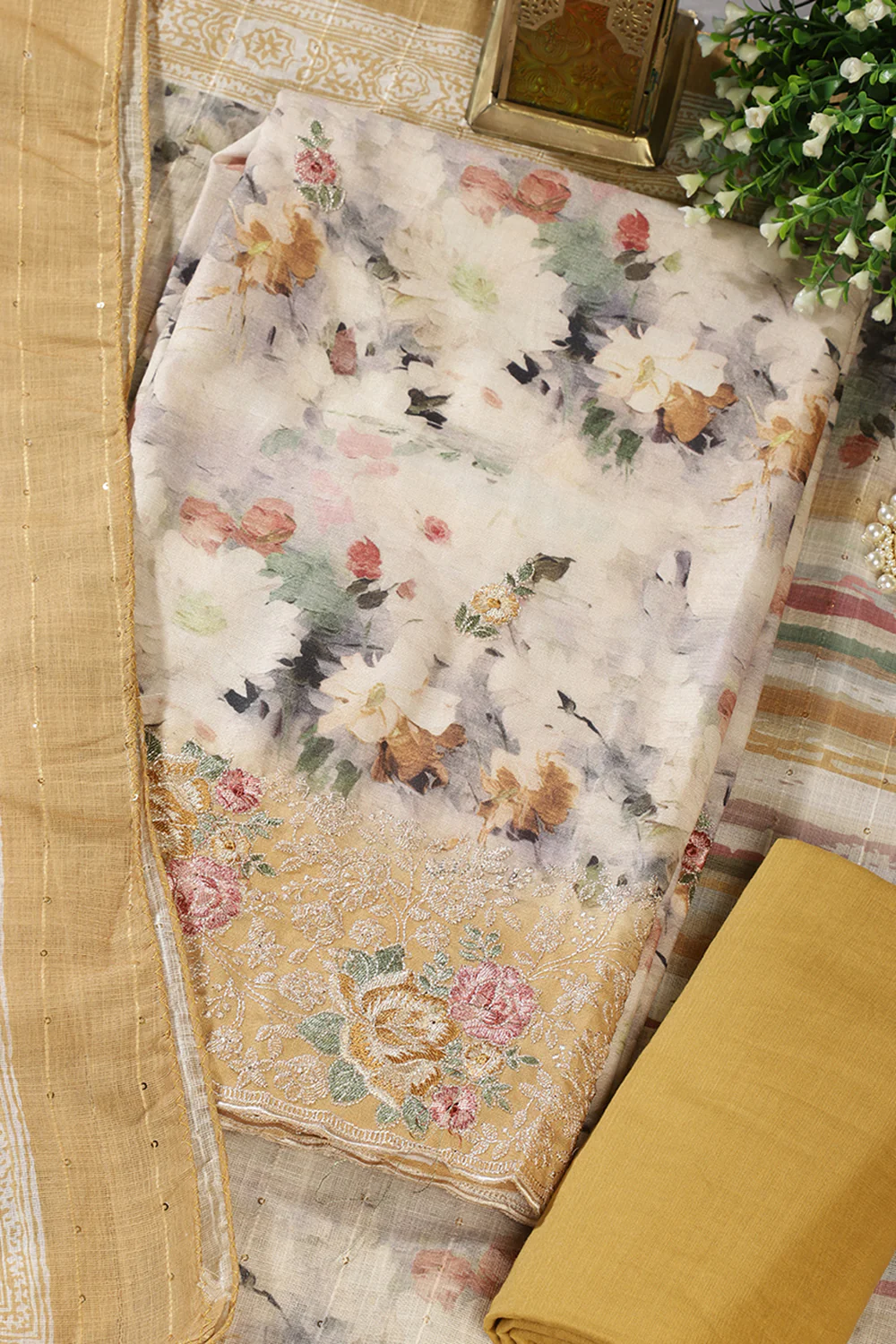 Mustard Cotton Floral Printed And Hemline Embroidered Unstitched Suit - Image 3
