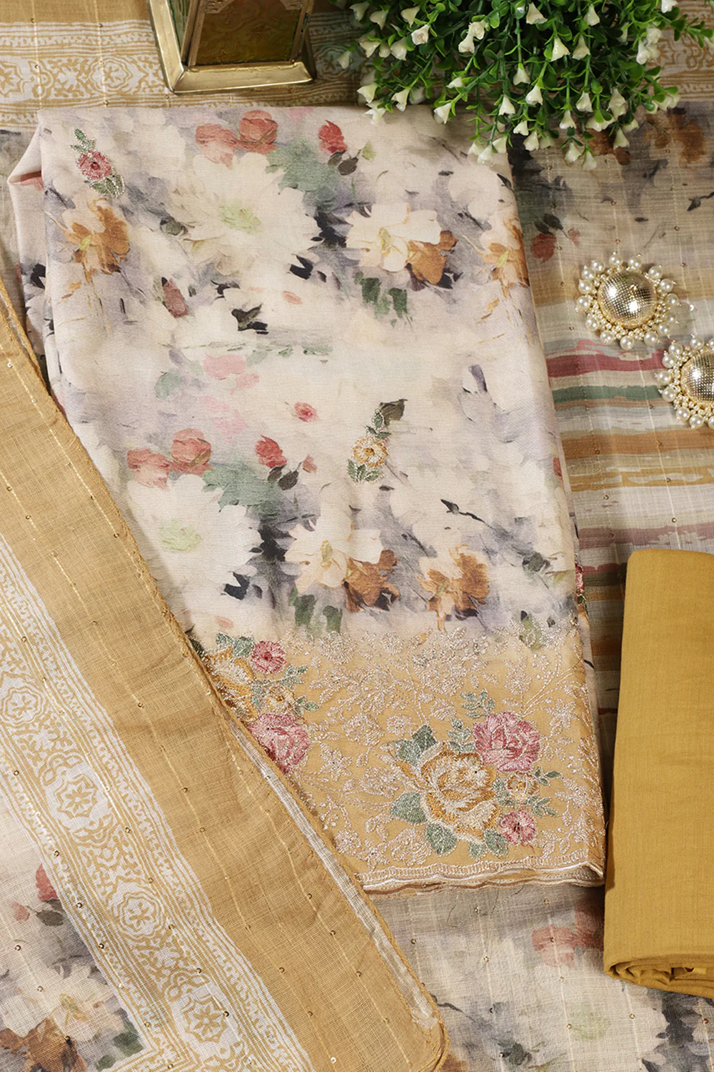 Mustard Cotton Floral Printed And Hemline Embroidered Unstitched Suit - Image 4