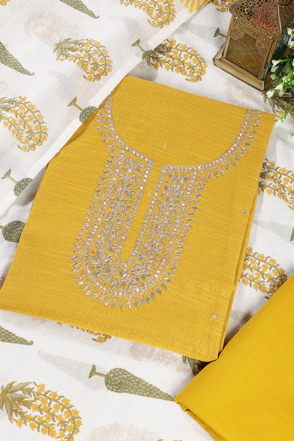 Mustard Cotton Gota Patti and Zari Work Unstitched Suit Material - Image 3
