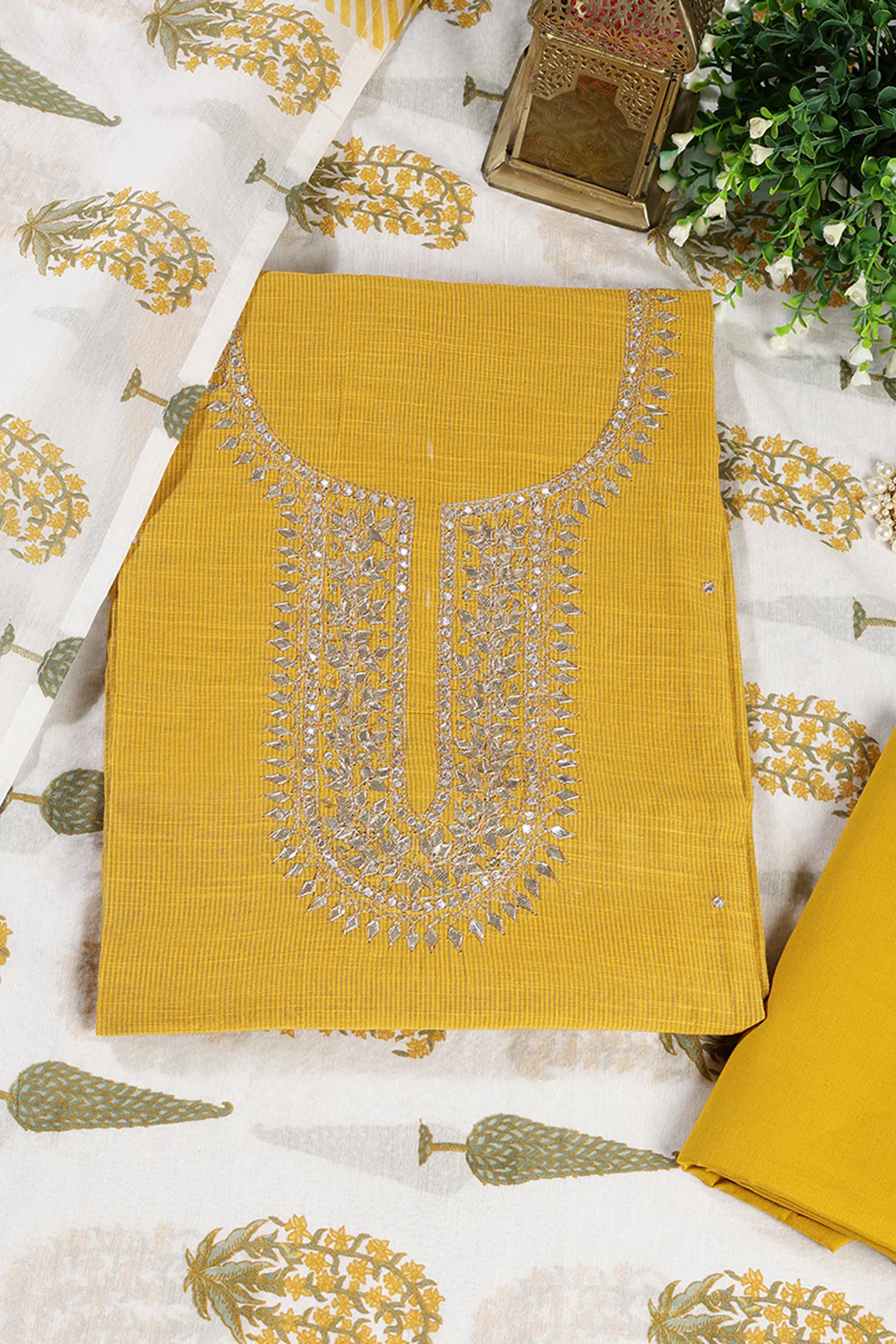 Mustard Cotton Gota Patti and Zari Work Unstitched Suit Material - Image 4