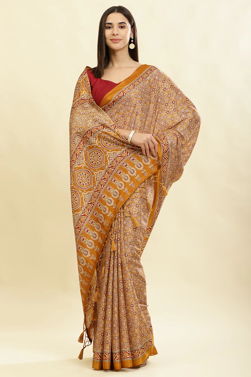 Mustard Cotton Silk Ajrakh Block Printed Saree - Image 3