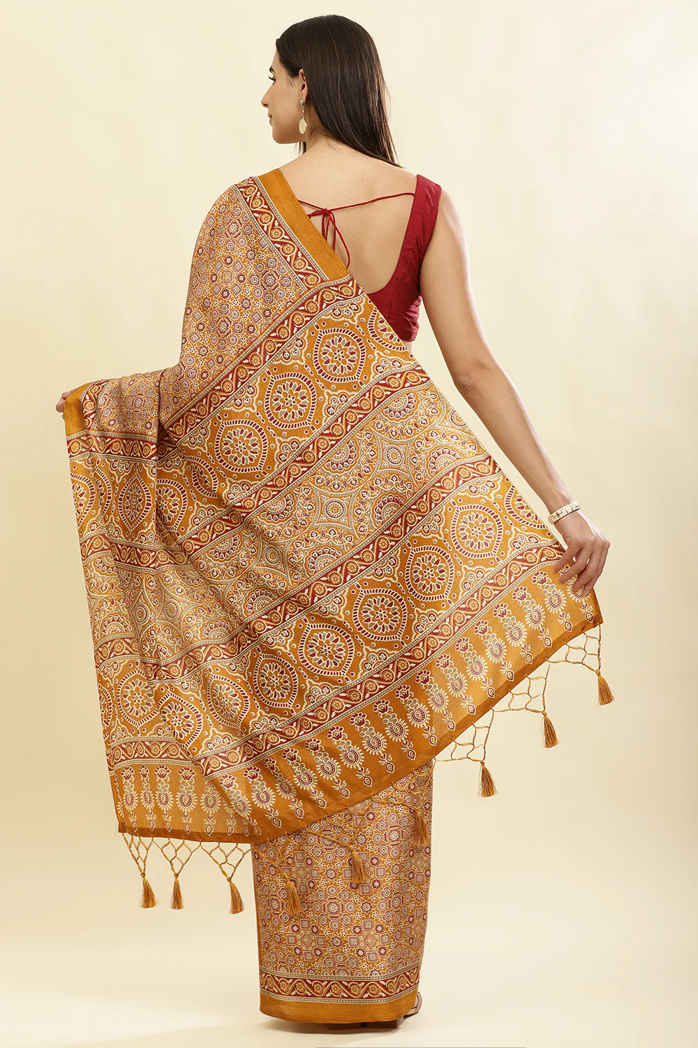 Mustard Cotton Silk Ajrakh Block Printed Saree - Image 4
