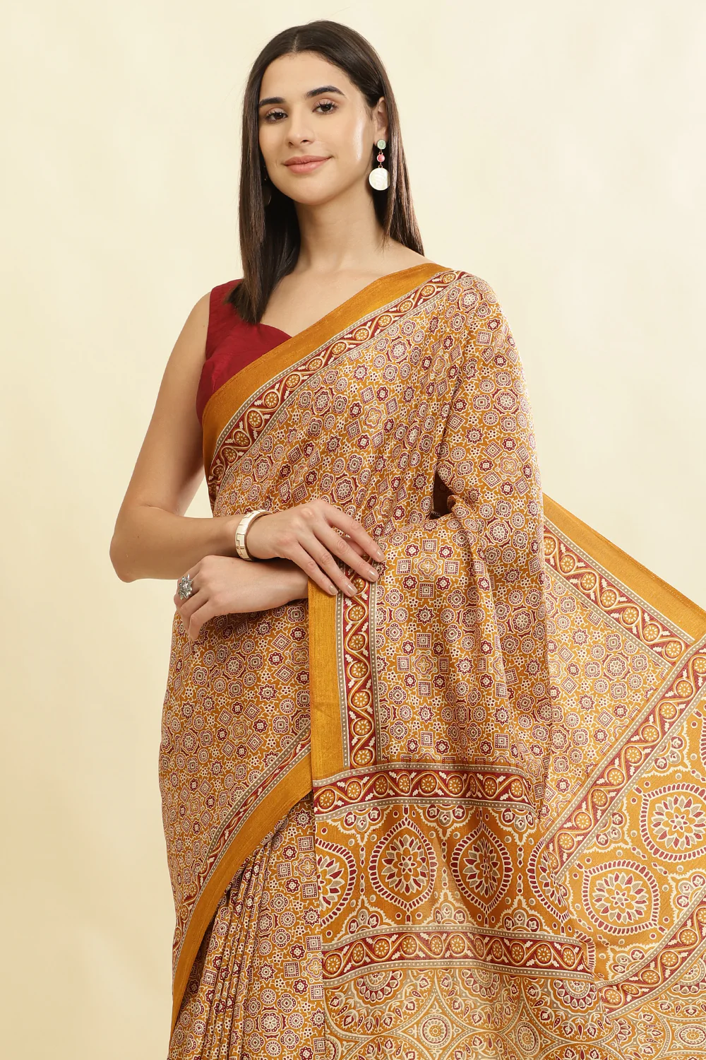 Mustard Cotton Silk Ajrakh Block Printed Saree - Image 6