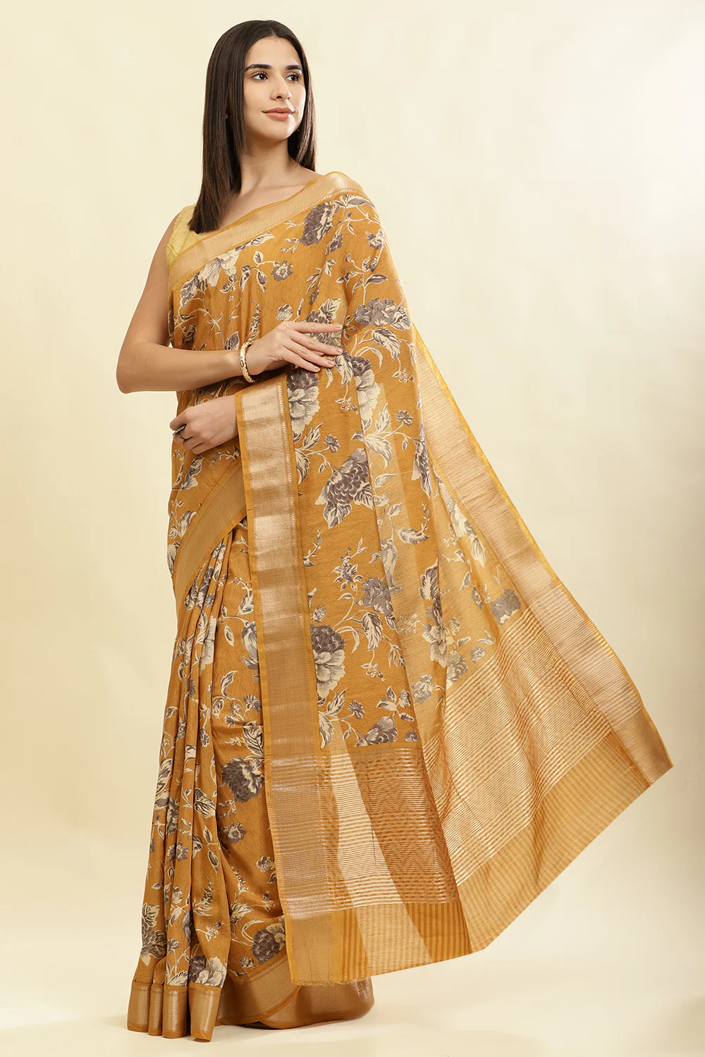 Mustard Cotton Silk Floral Printed & Zari Border Saree - Image 2