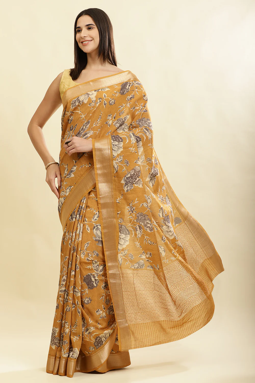 Mustard Cotton Silk Floral Printed & Zari Border Saree - Image 5