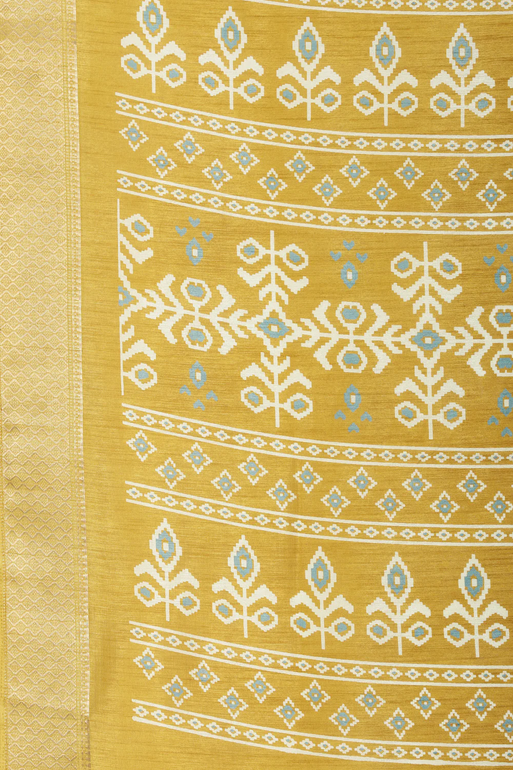 Mustard Cotton Silk Printed And Zari Woven Saree - Image 10