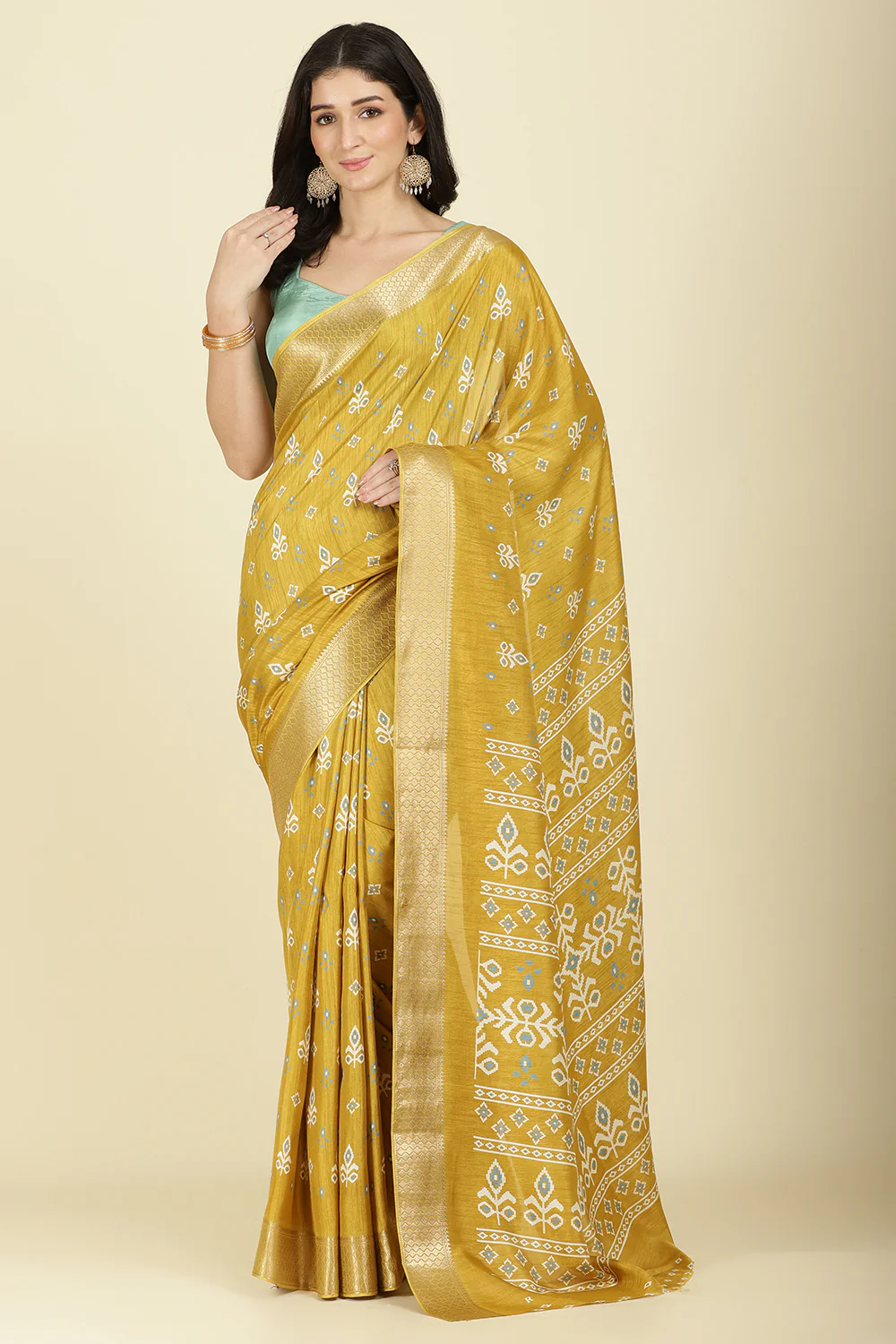 Mustard Cotton Silk Printed And Zari Woven Saree - Image 2
