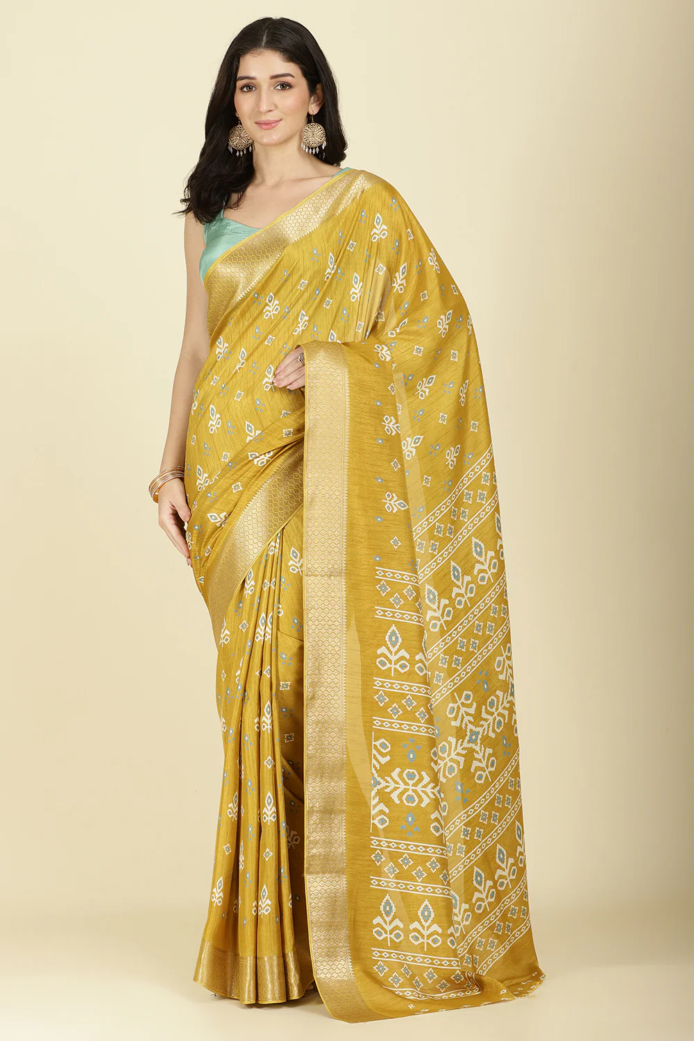 Mustard Cotton Silk Printed And Zari Woven Saree - Image 3