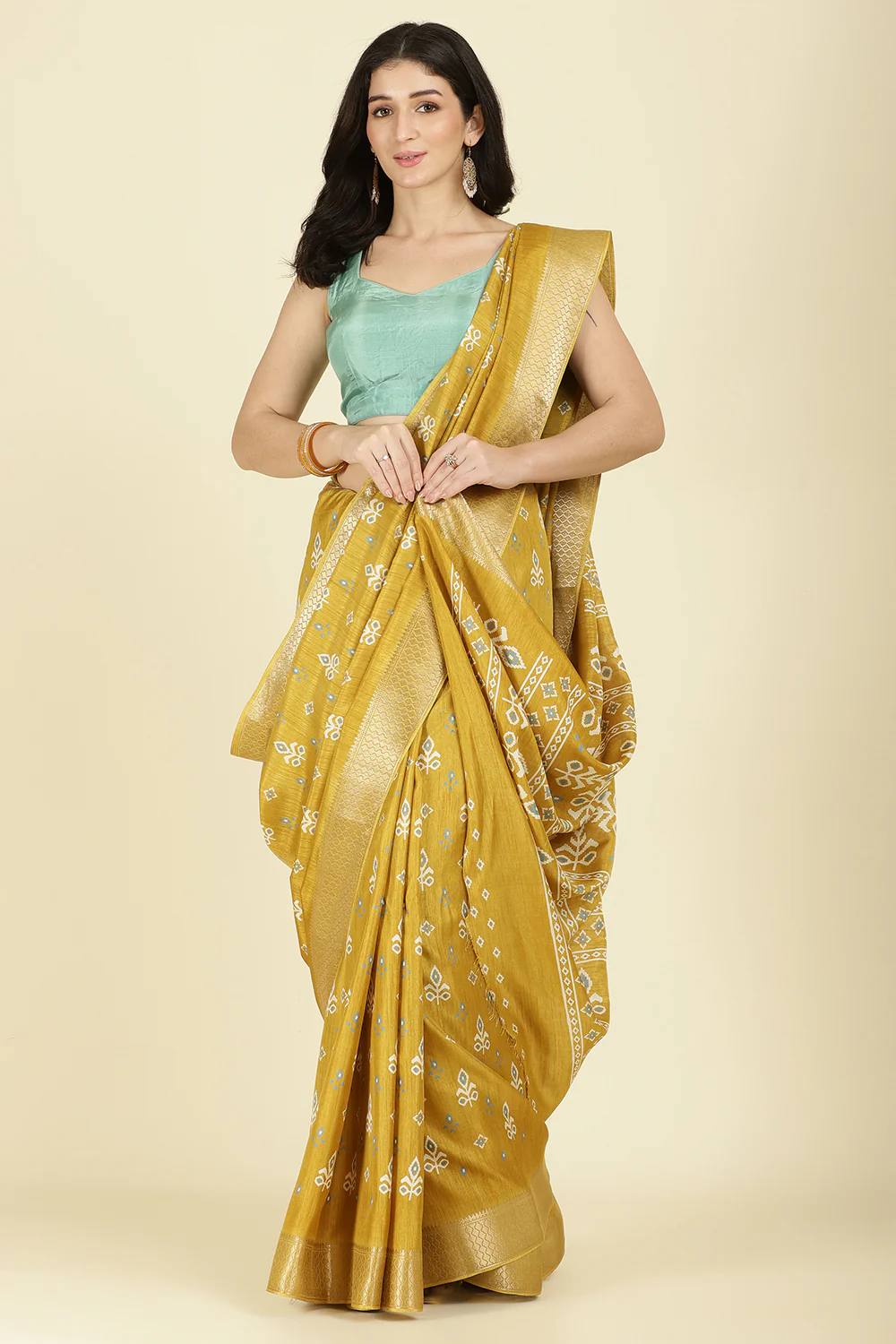 Mustard Cotton Silk Printed And Zari Woven Saree - Image 4