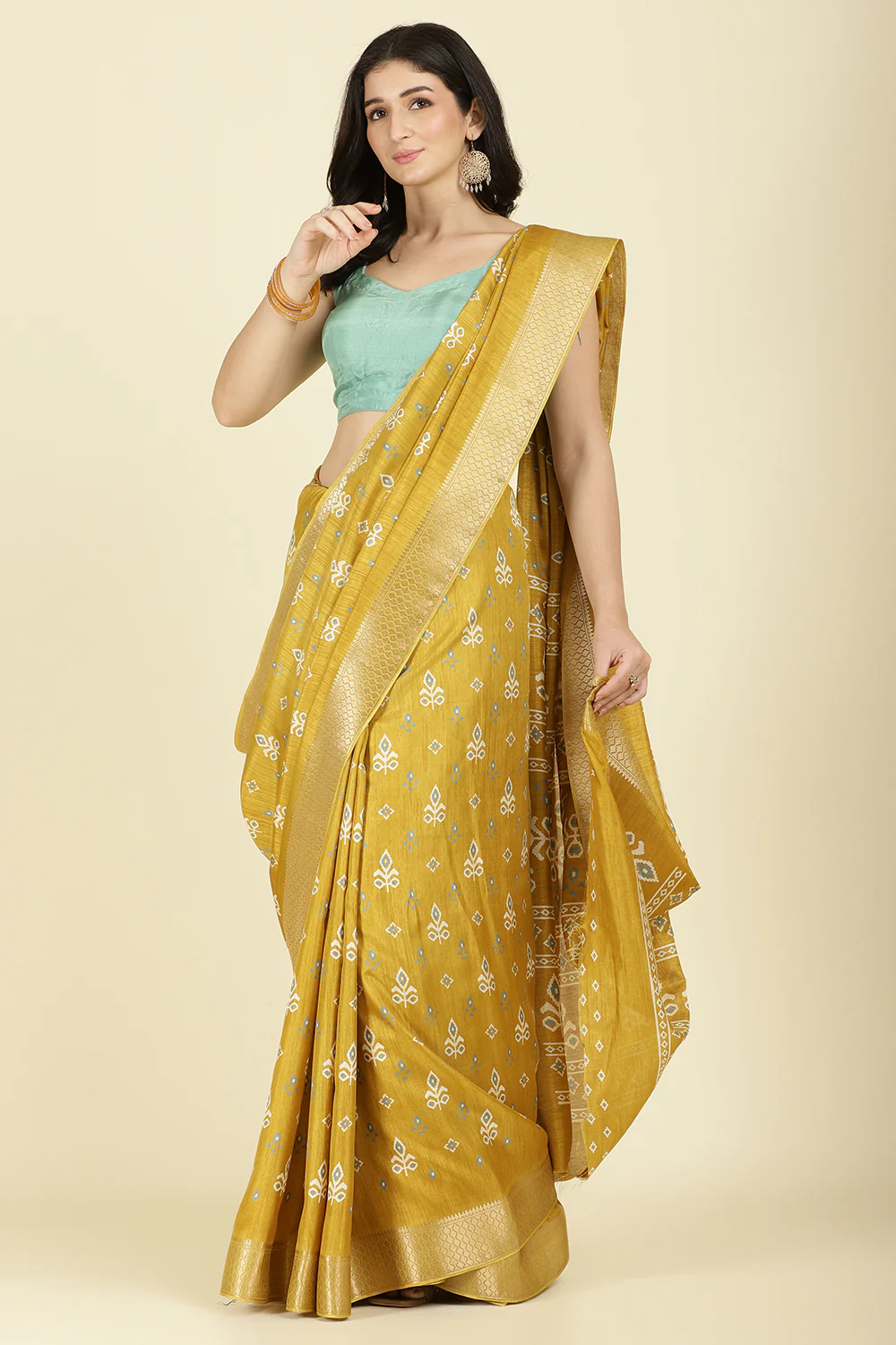 Mustard Cotton Silk Printed And Zari Woven Saree - Image 5