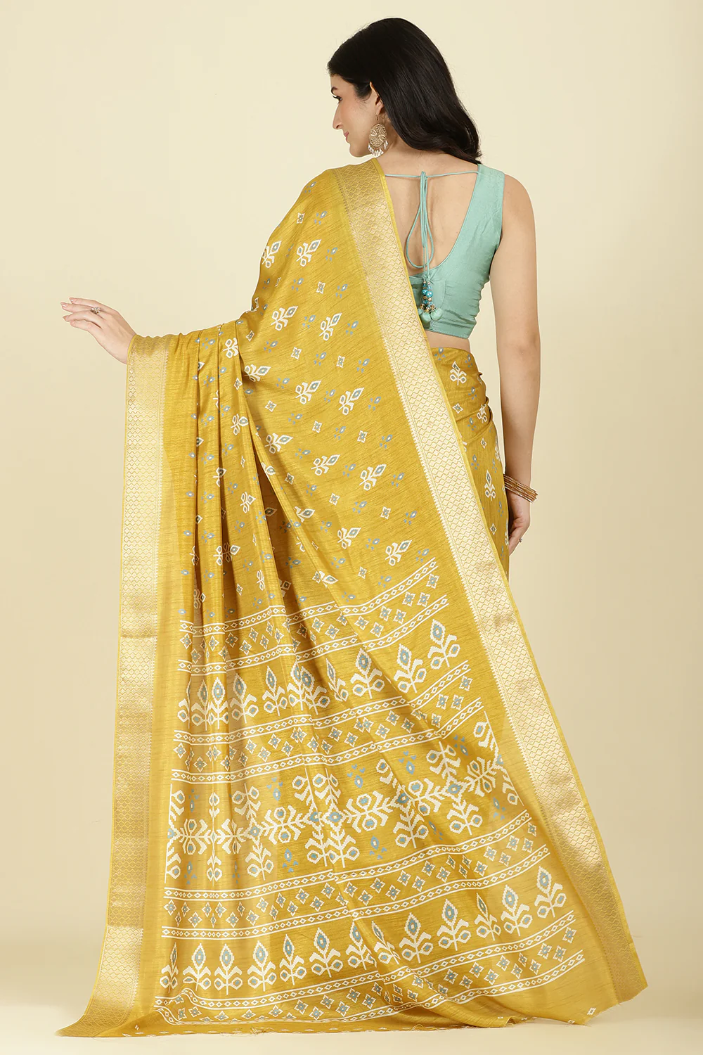 Mustard Cotton Silk Printed And Zari Woven Saree - Image 6