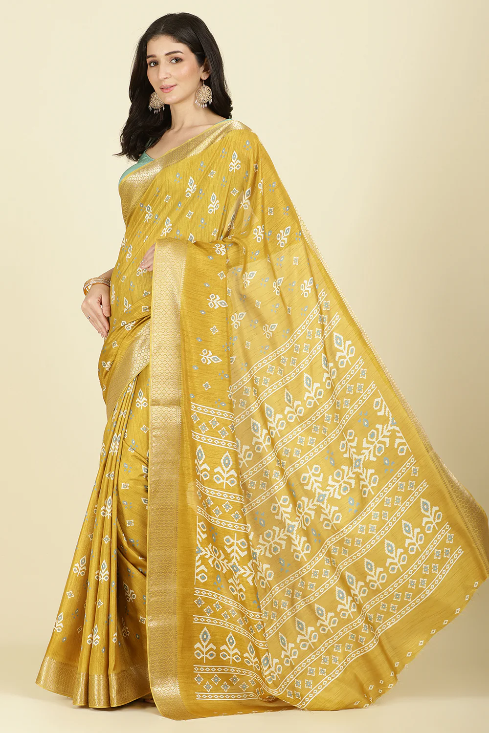 Mustard Cotton Silk Printed And Zari Woven Saree - Image 7