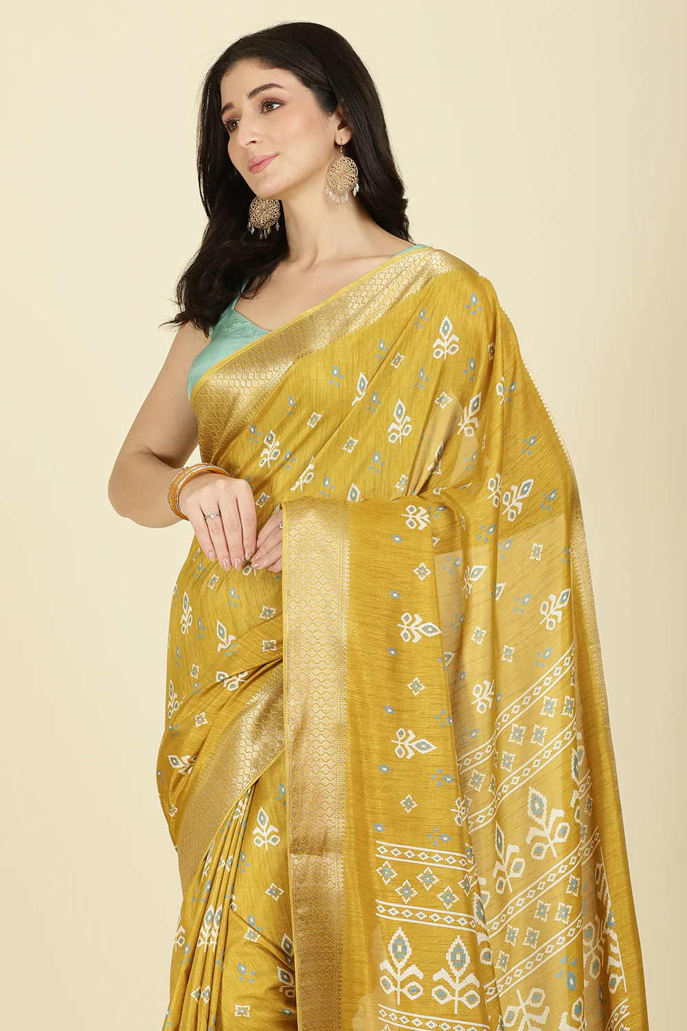 Mustard Cotton Silk Printed And Zari Woven Saree - Image 8
