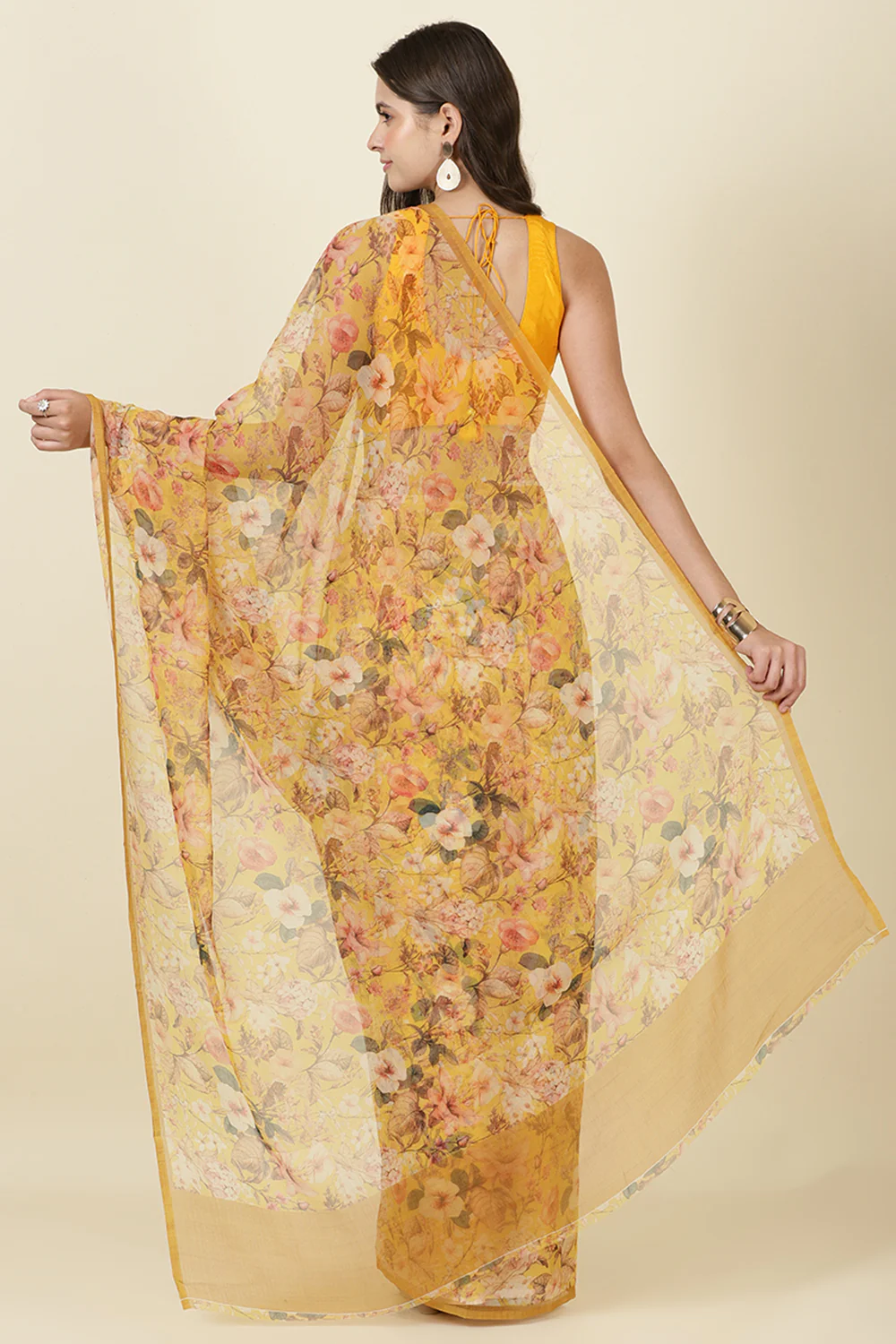 Mustard Floral Printed Chiffon Saree - Image 4