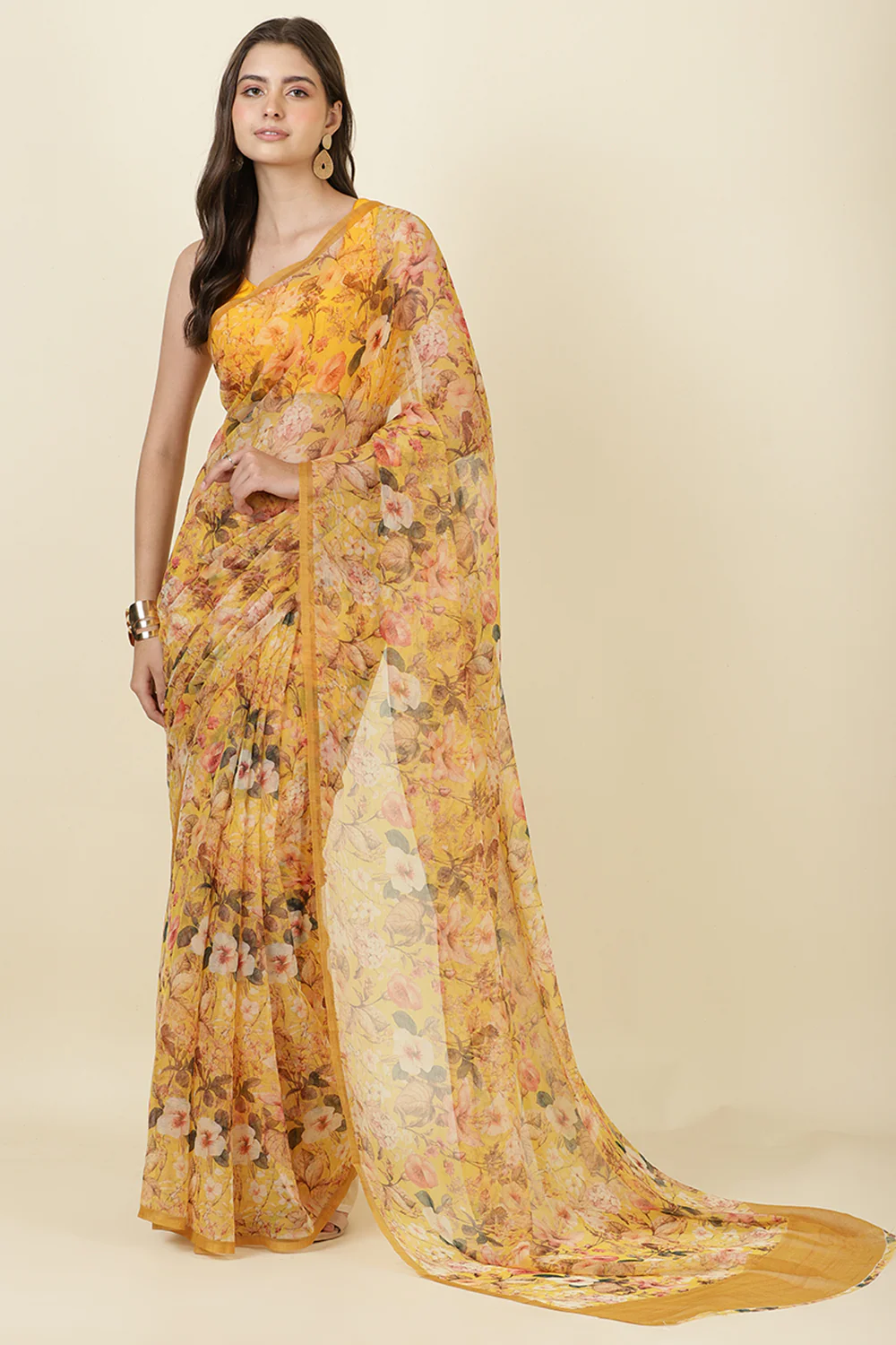 Mustard Floral Printed Chiffon Saree - Image 5