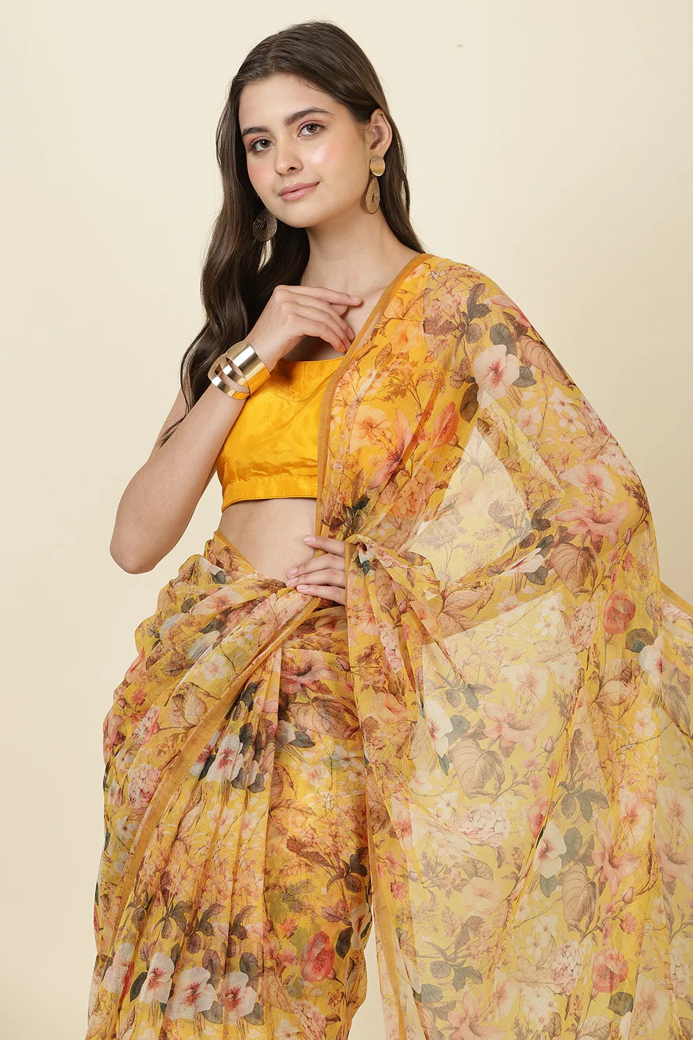 Mustard Floral Printed Chiffon Saree - Image 6