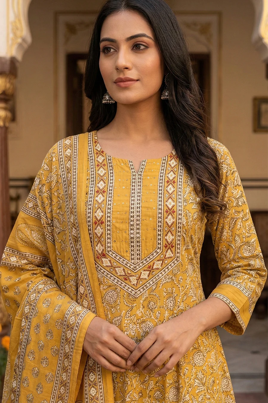 Mustard Printed Cotton Anarkali Suit Set - Image 3