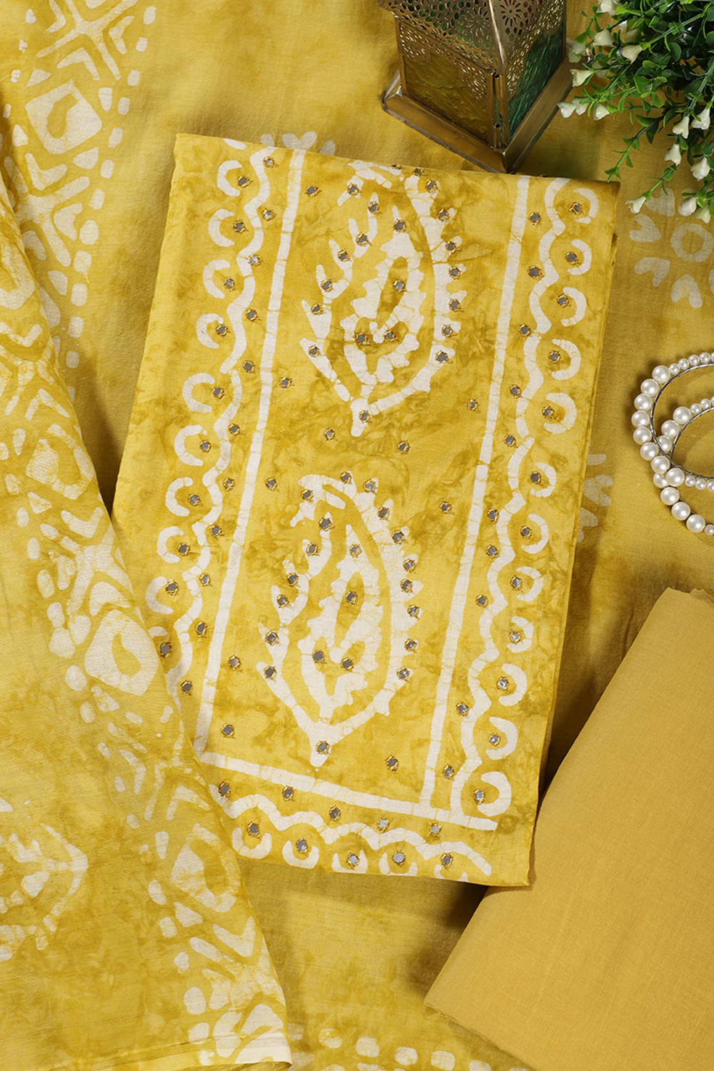 Mustard Shibori Printed Unstitched Suit Fabric - Image 2