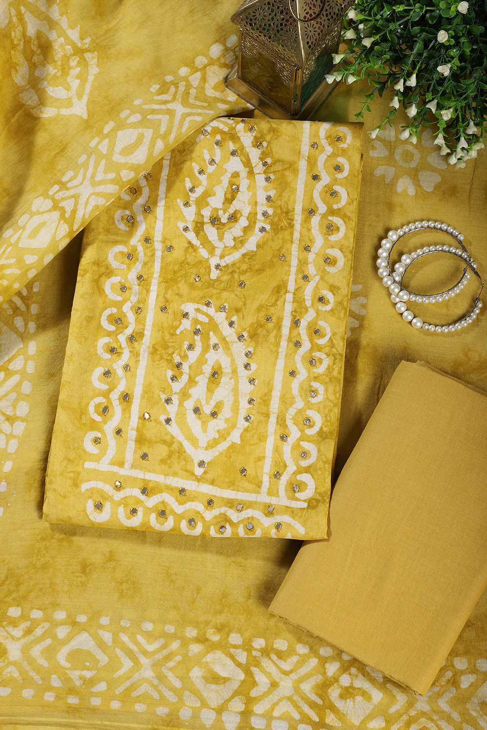 Mustard Shibori Printed Unstitched Suit Fabric - Image 3
