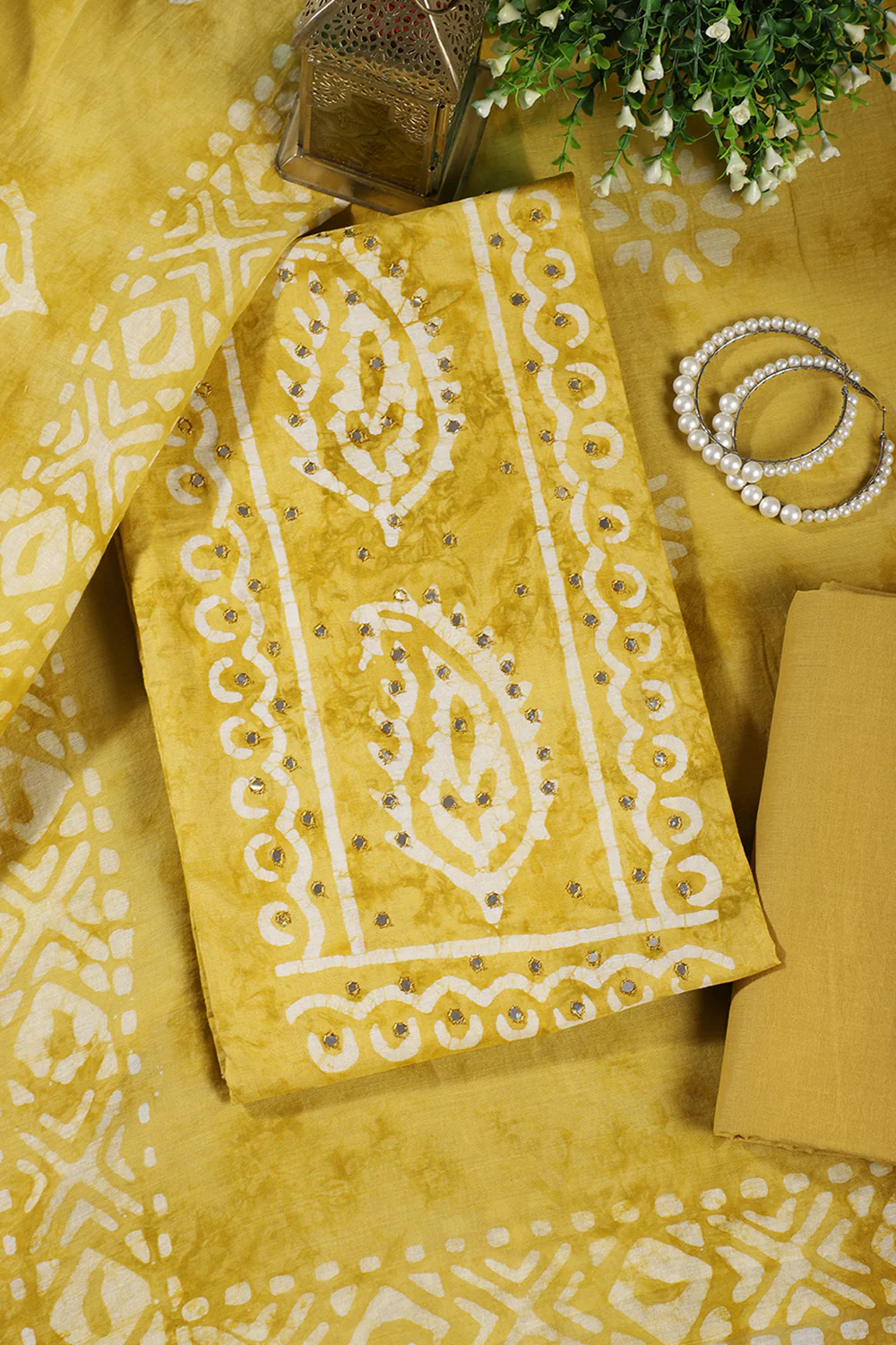 Mustard Shibori Printed Unstitched Suit Fabric - Image 4