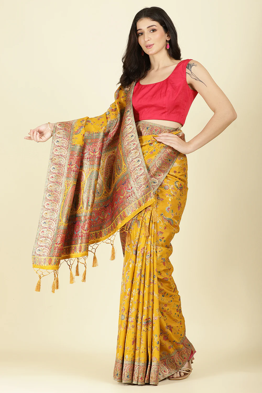 Mustard Silk Madhubani Woven Saree - Image 2