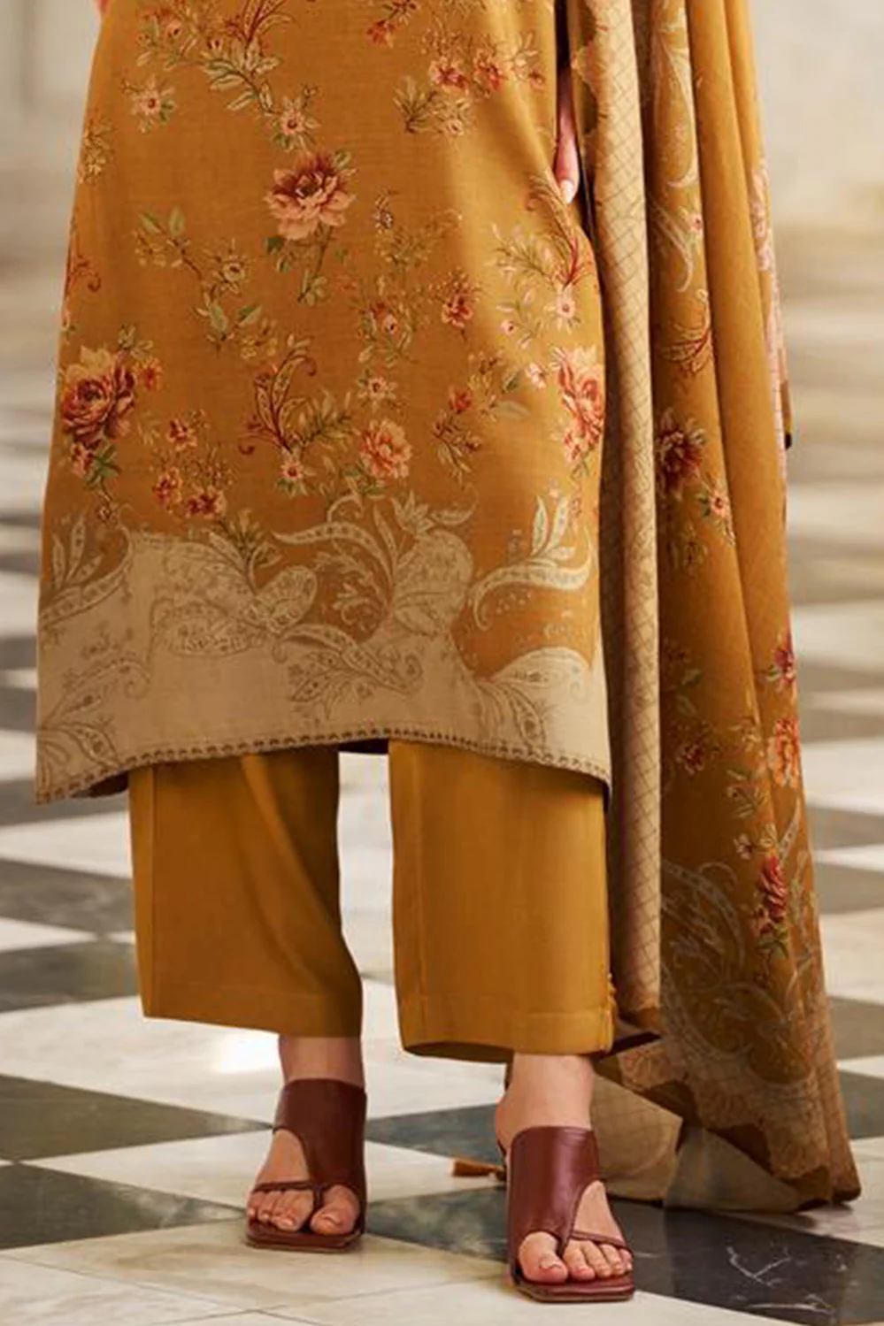 Mustard Spun Floral Printed Unstitched Suit Fabric - Image 3