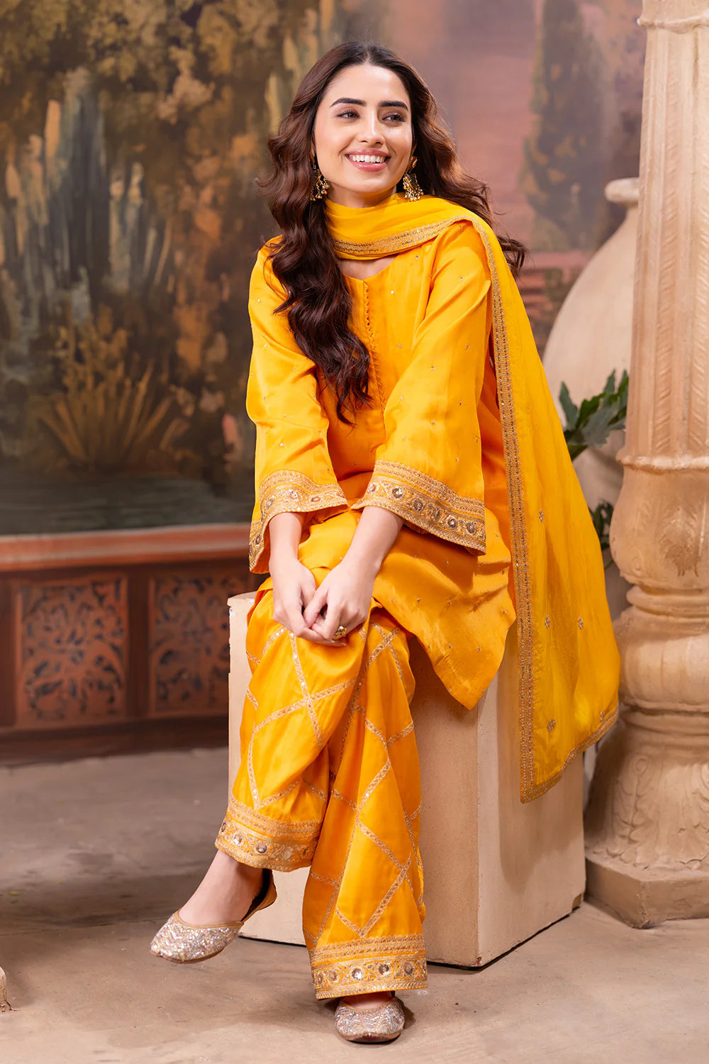 Mustard Zari And Sequins Embroidered Suits With Embroidered Pallazo - Image 6