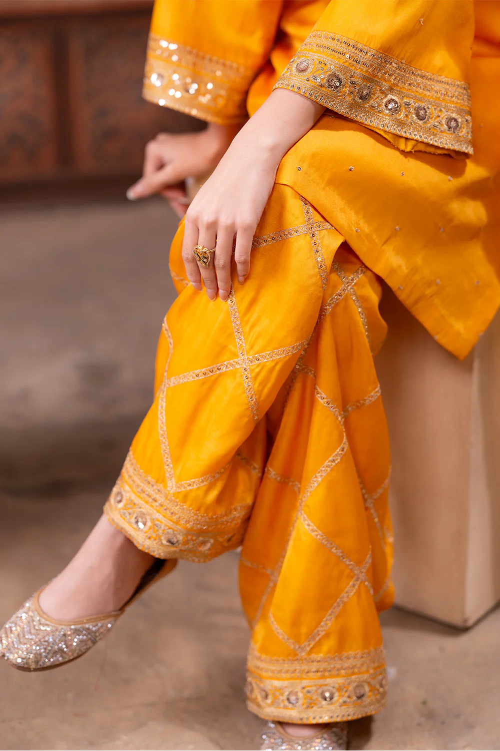 Mustard Zari And Sequins Embroidered Suits With Embroidered Pallazo - Image 8