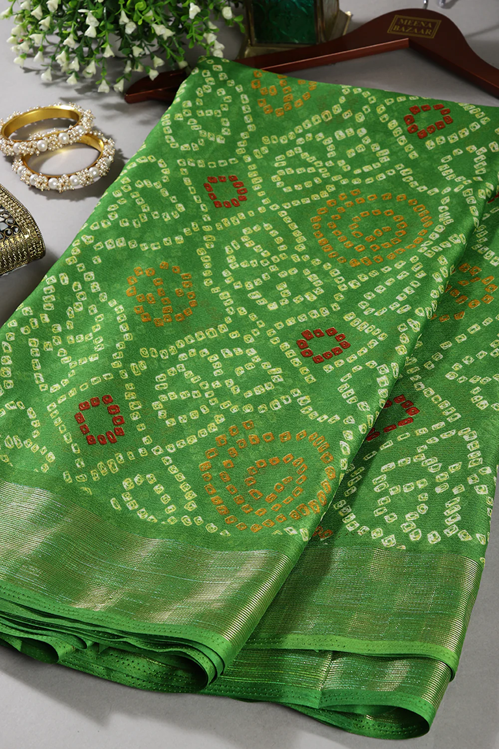 Muted Green Color Chiffon Bandhani Printed Saree - Image 3