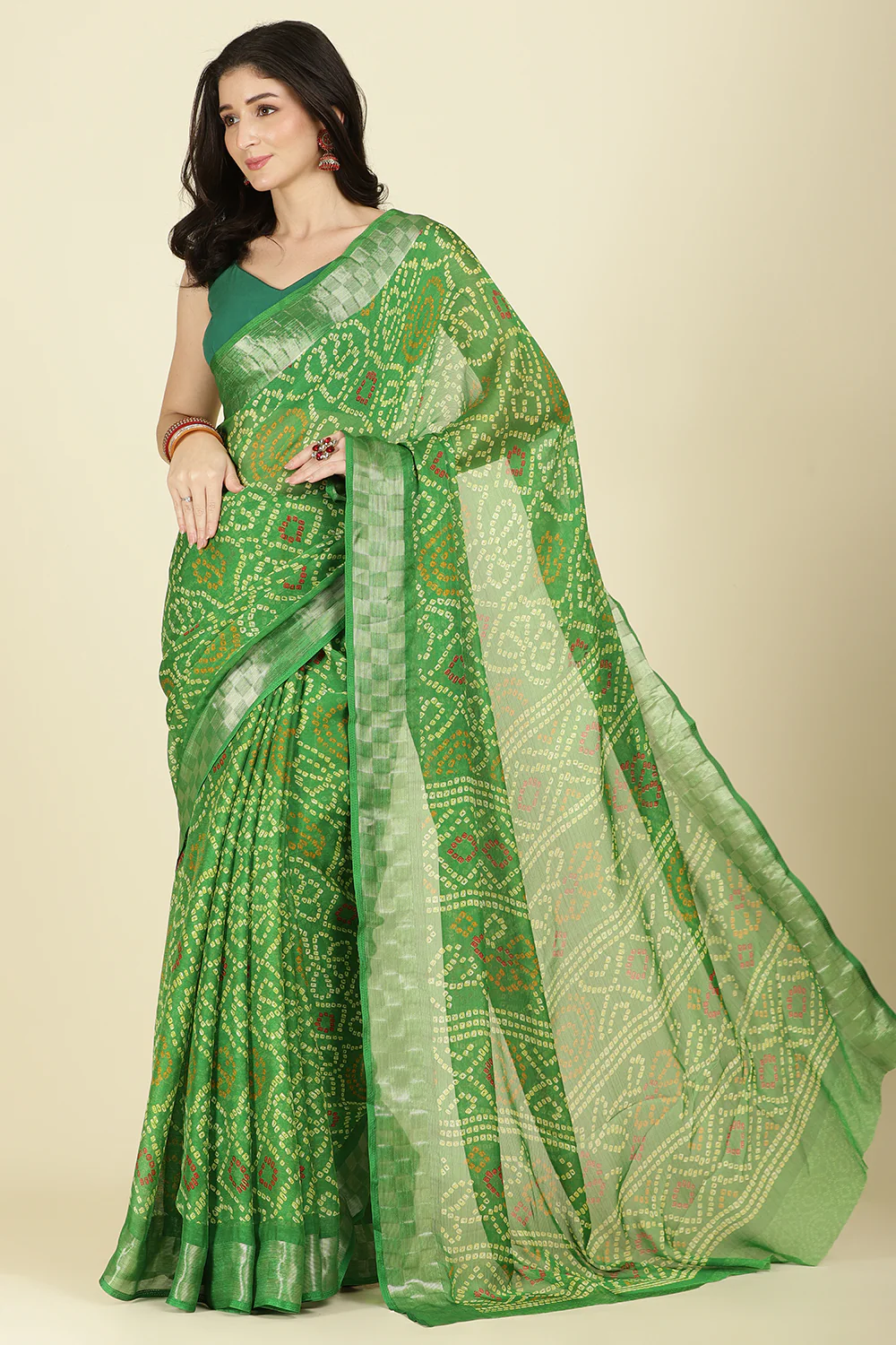 Muted Green Color Chiffon Bandhani Printed Saree - Image 4