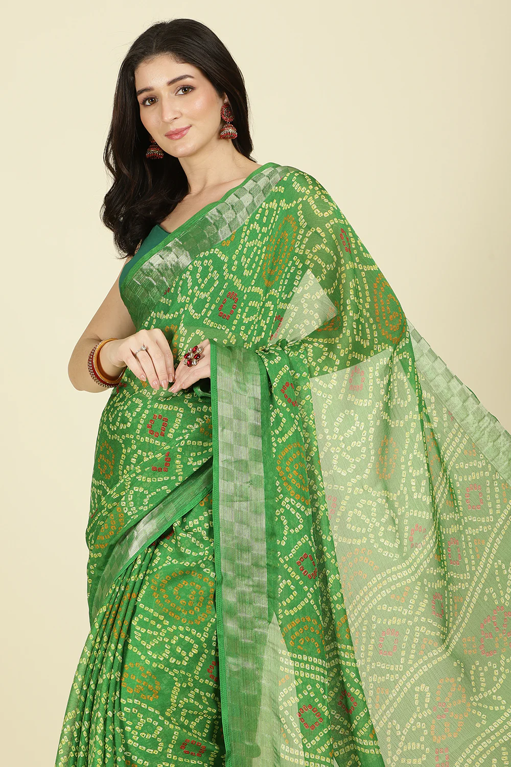Muted Green Color Chiffon Bandhani Printed Saree - Image 9