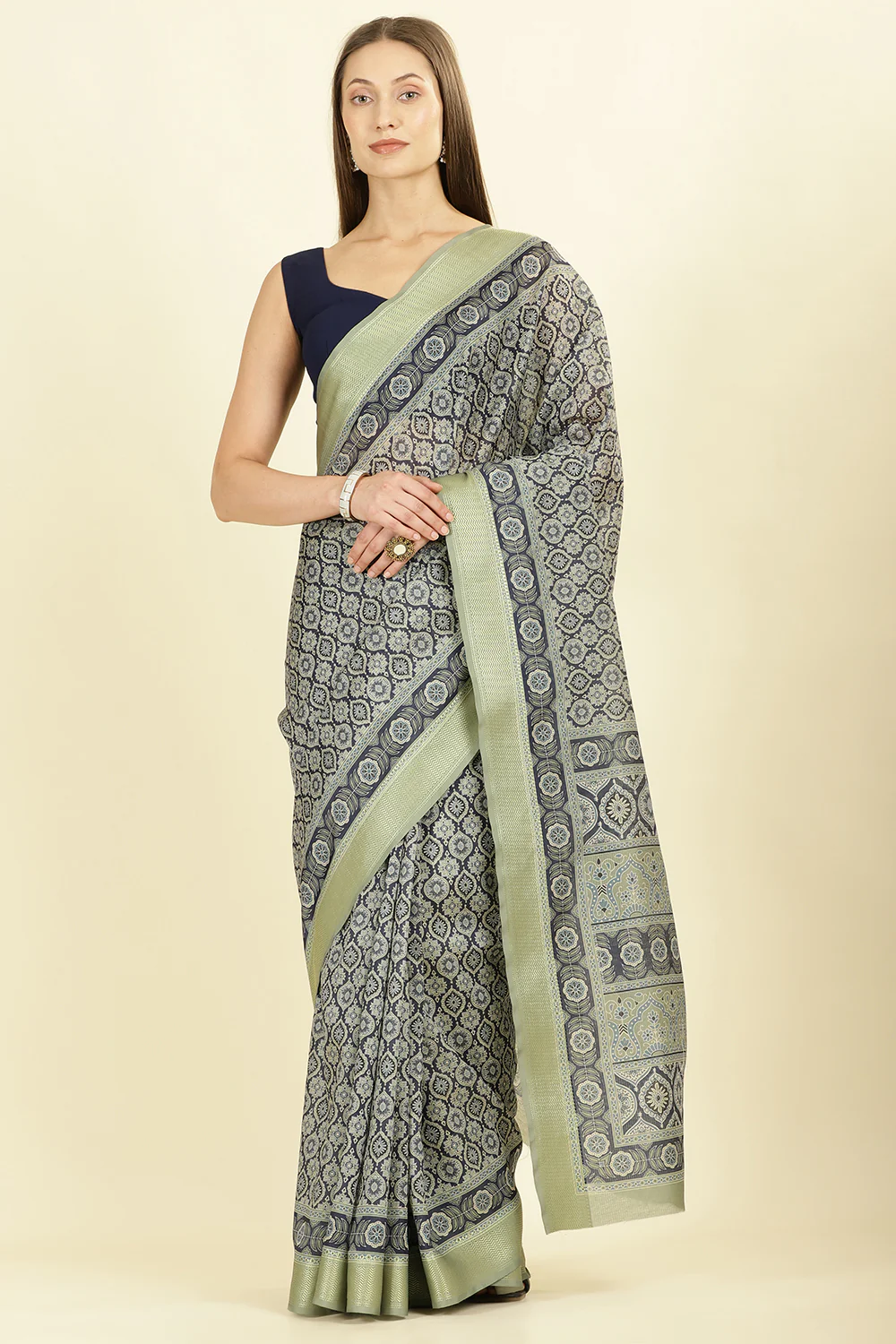 Navy Ajrakh Block Printed Cotton Saree