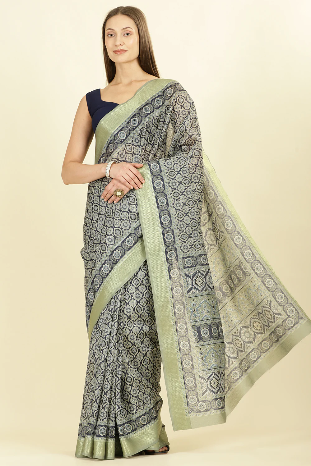 Navy Ajrakh Block Printed Cotton Saree - Image 2