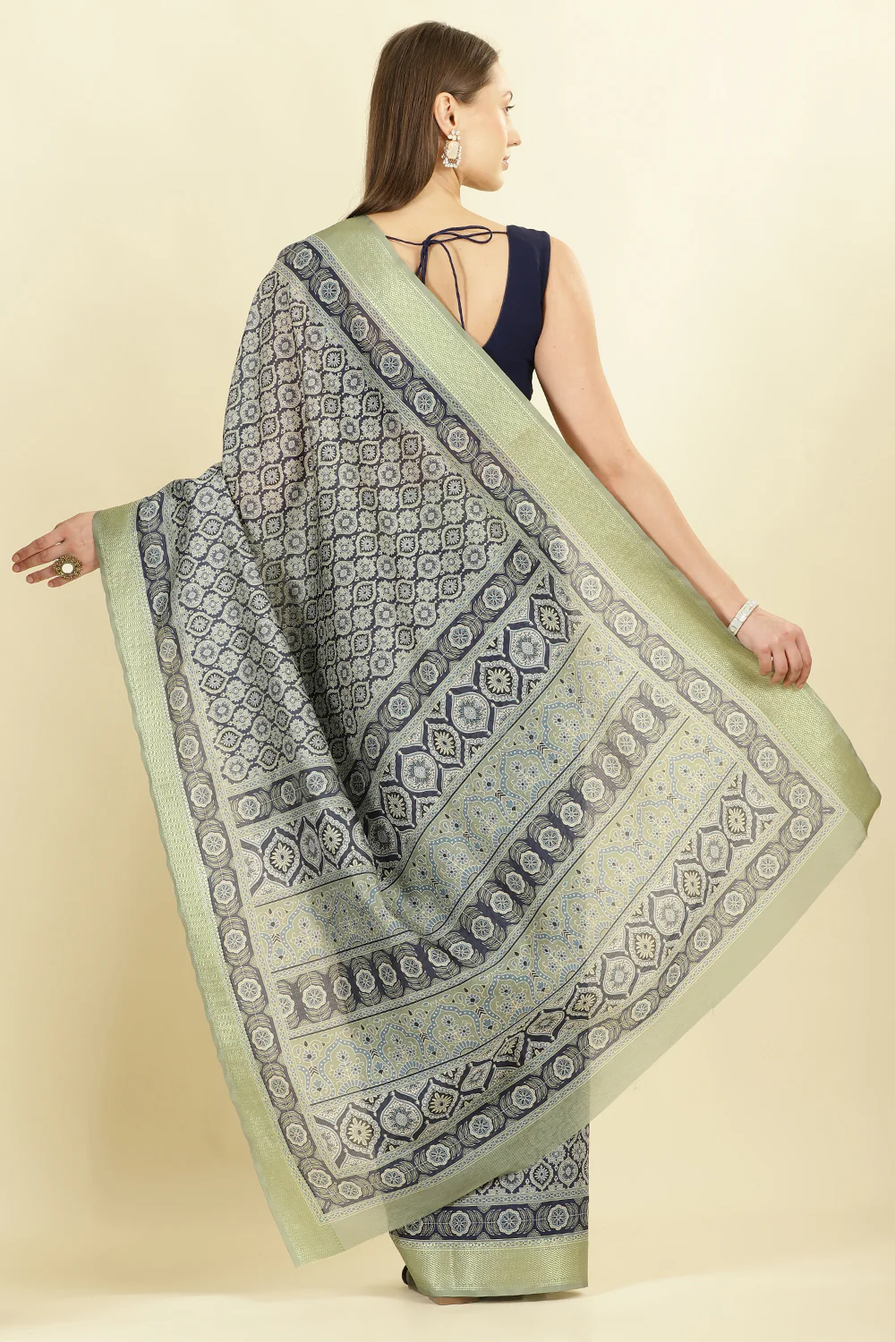 Navy Ajrakh Block Printed Cotton Saree - Image 3