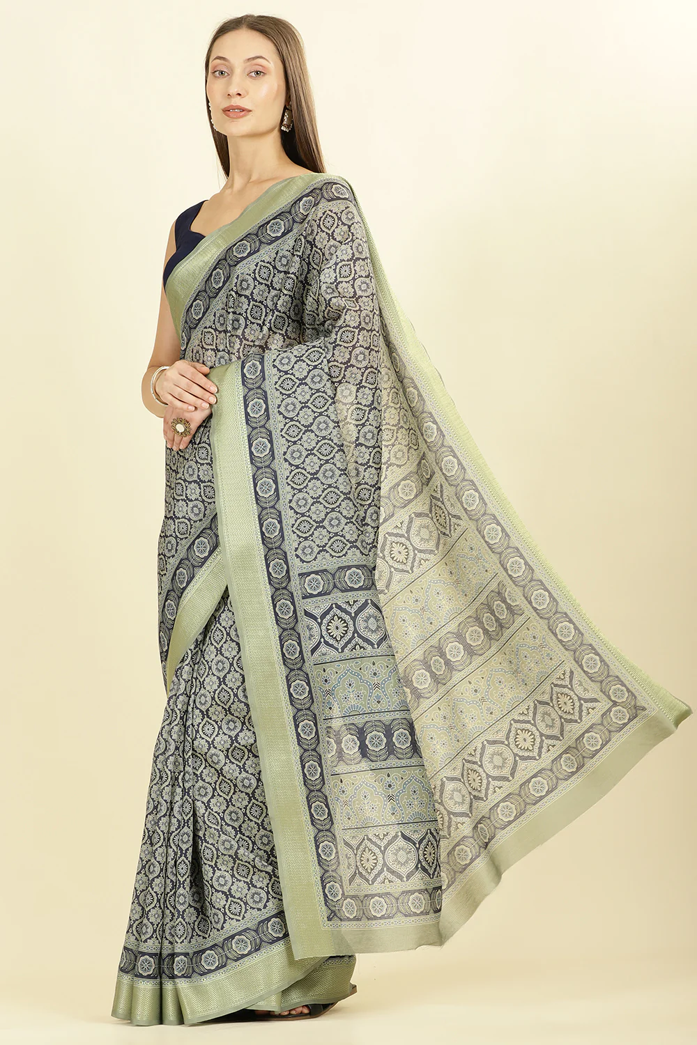 Navy Ajrakh Block Printed Cotton Saree - Image 4