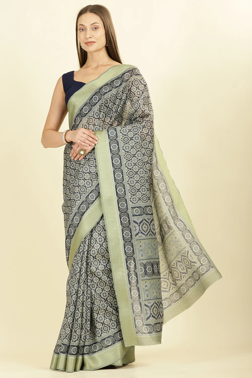 Navy Ajrakh Block Printed Cotton Saree - Image 5