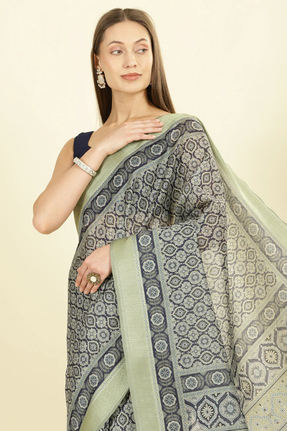 Navy Ajrakh Block Printed Cotton Saree - Image 6