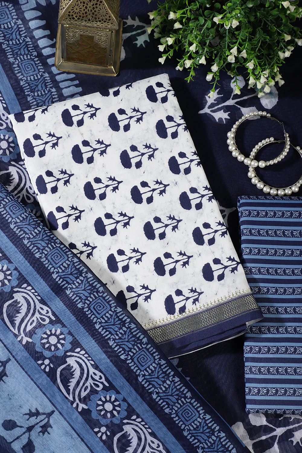 Navy And White Cotton Zari Border & Floral Block Print Unstitched Suit Material - Image 2
