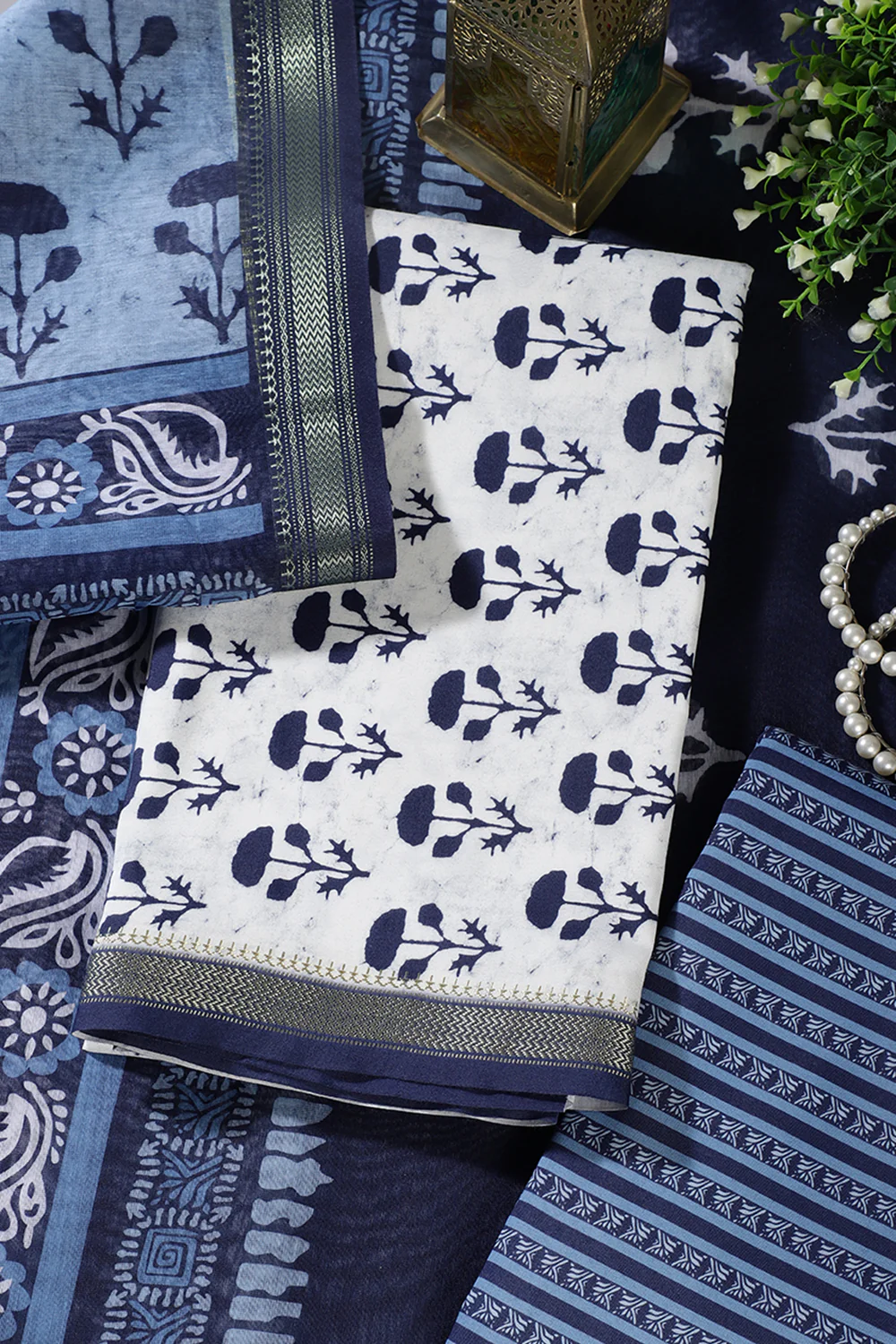 Navy And White Cotton Zari Border & Floral Block Print Unstitched Suit Material - Image 3