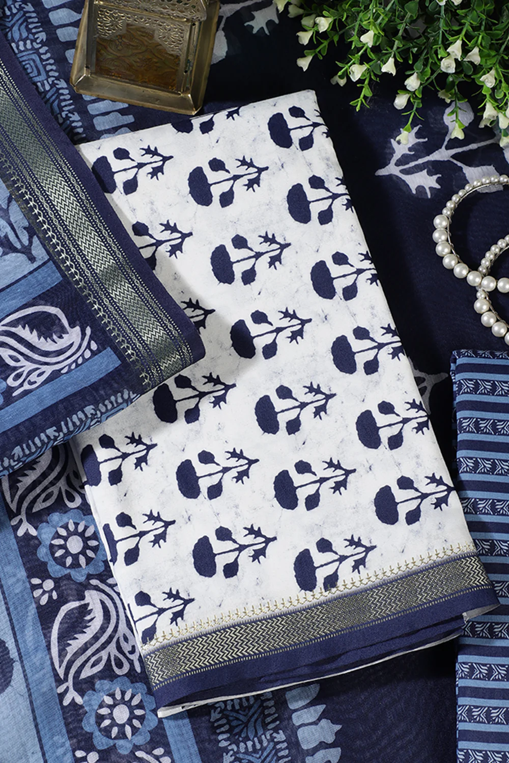 Navy And White Cotton Zari Border & Floral Block Print Unstitched Suit Material - Image 4