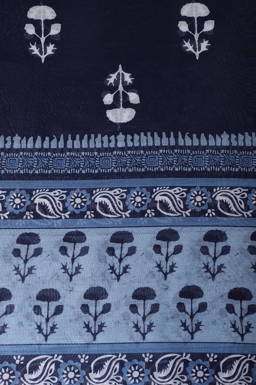 Navy And White Cotton Zari Border & Floral Block Print Unstitched Suit Material - Image 5