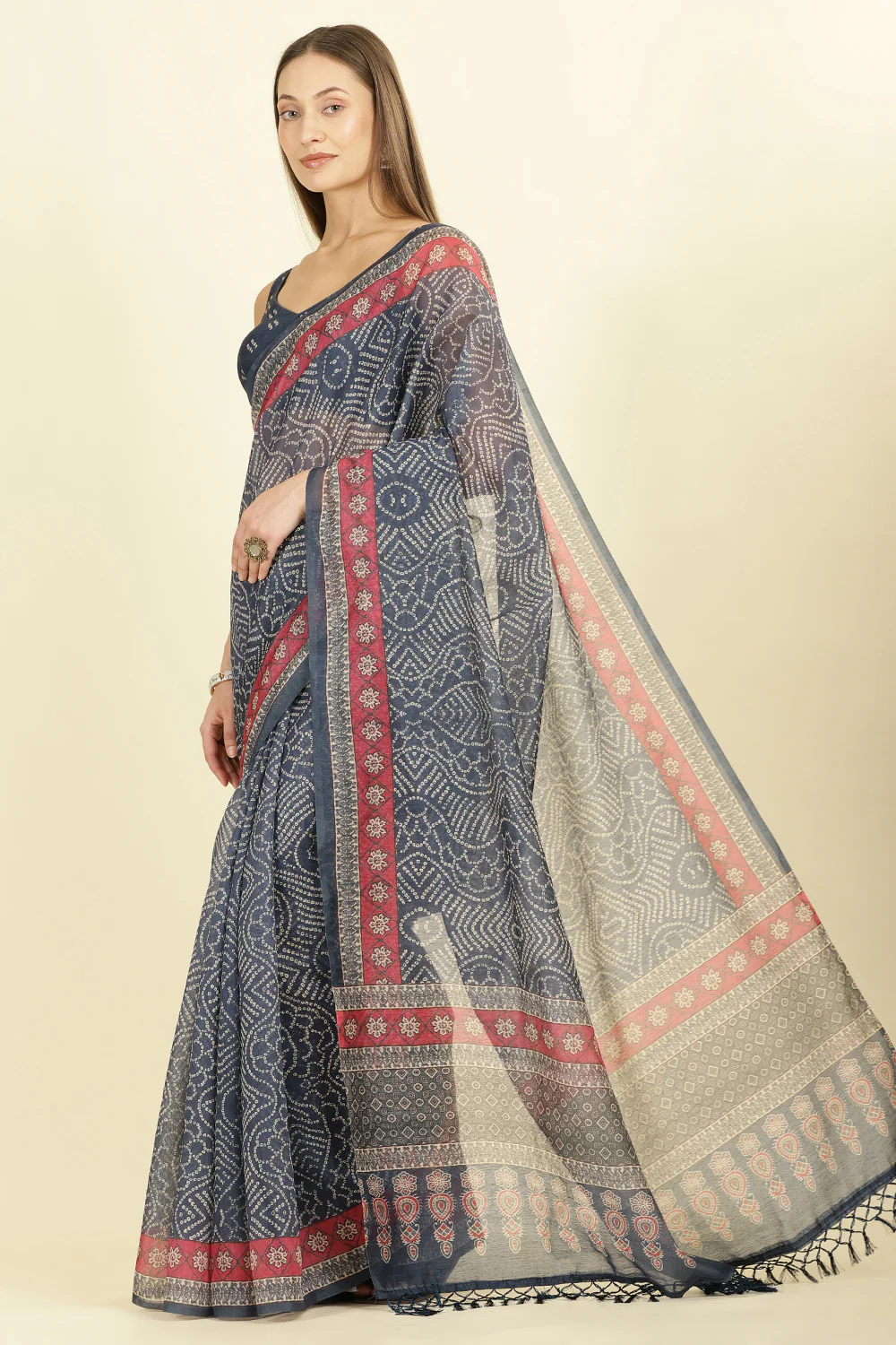Navy Bandhani Printed Cotton Saree - Image 2