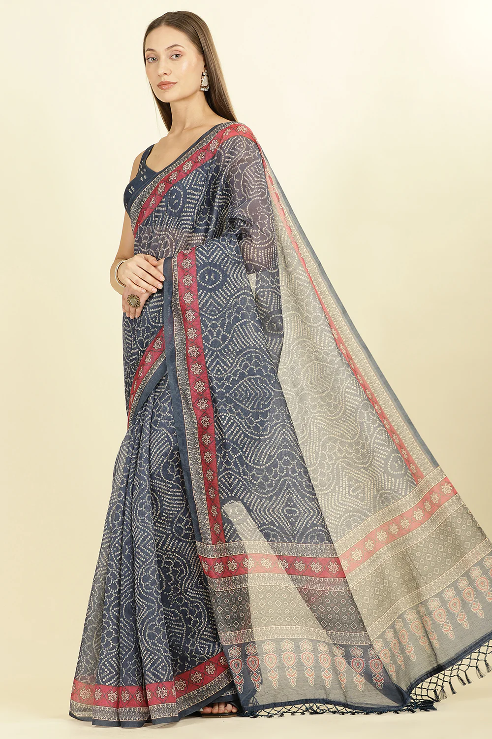 Navy Bandhani Printed Cotton Saree - Image 4