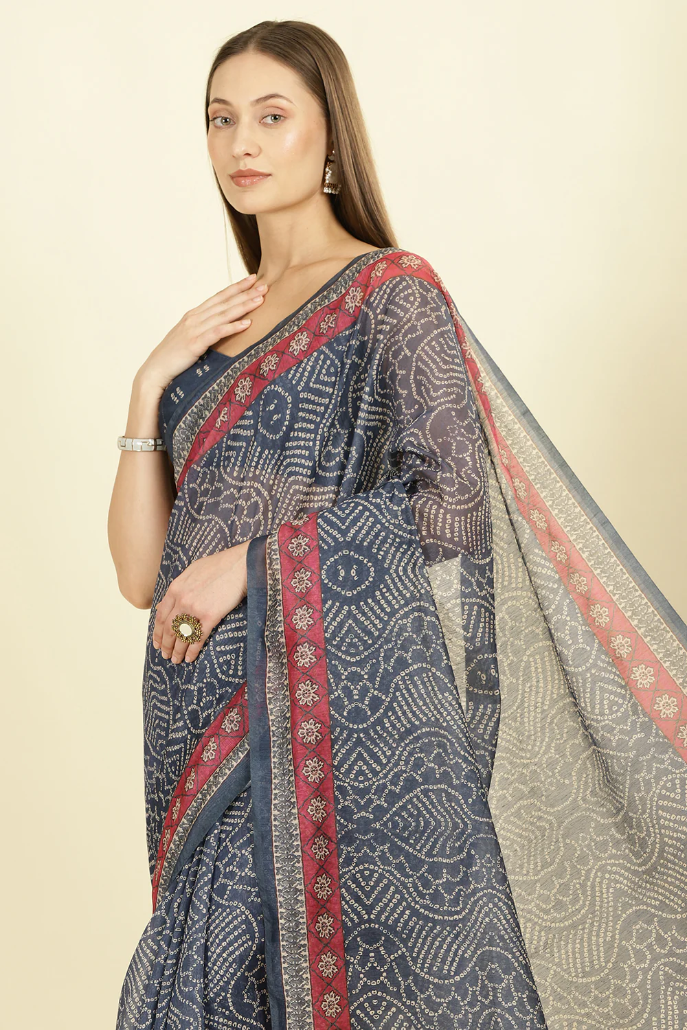 Navy Bandhani Printed Cotton Saree - Image 5