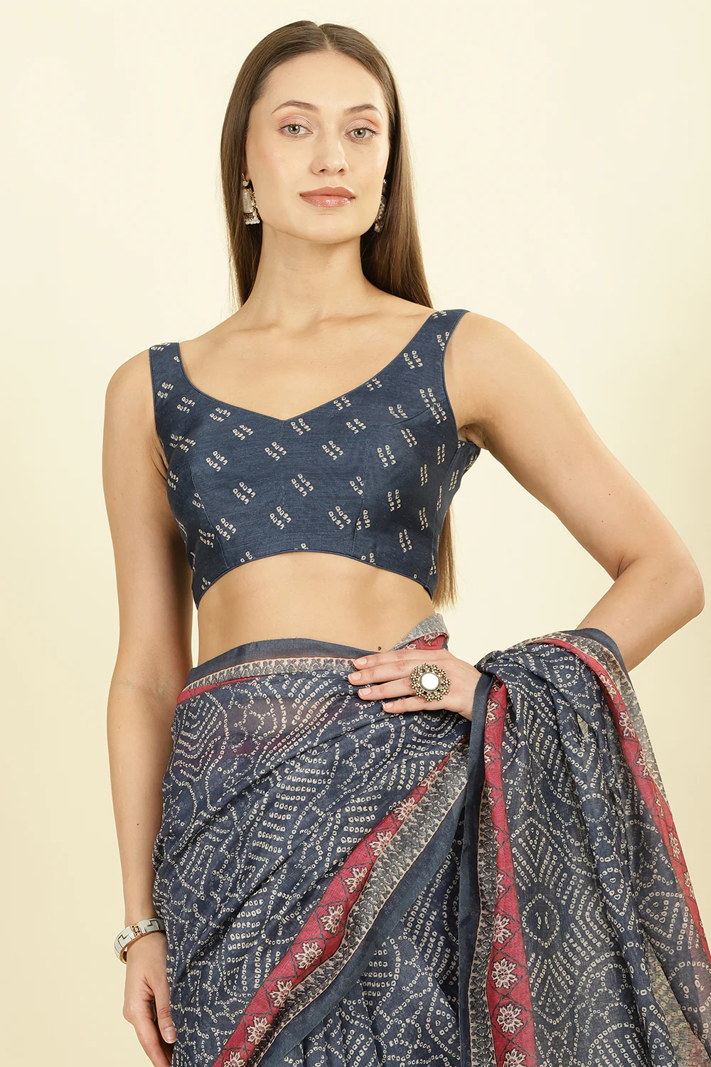 Navy Bandhani Printed Cotton Saree - Image 6