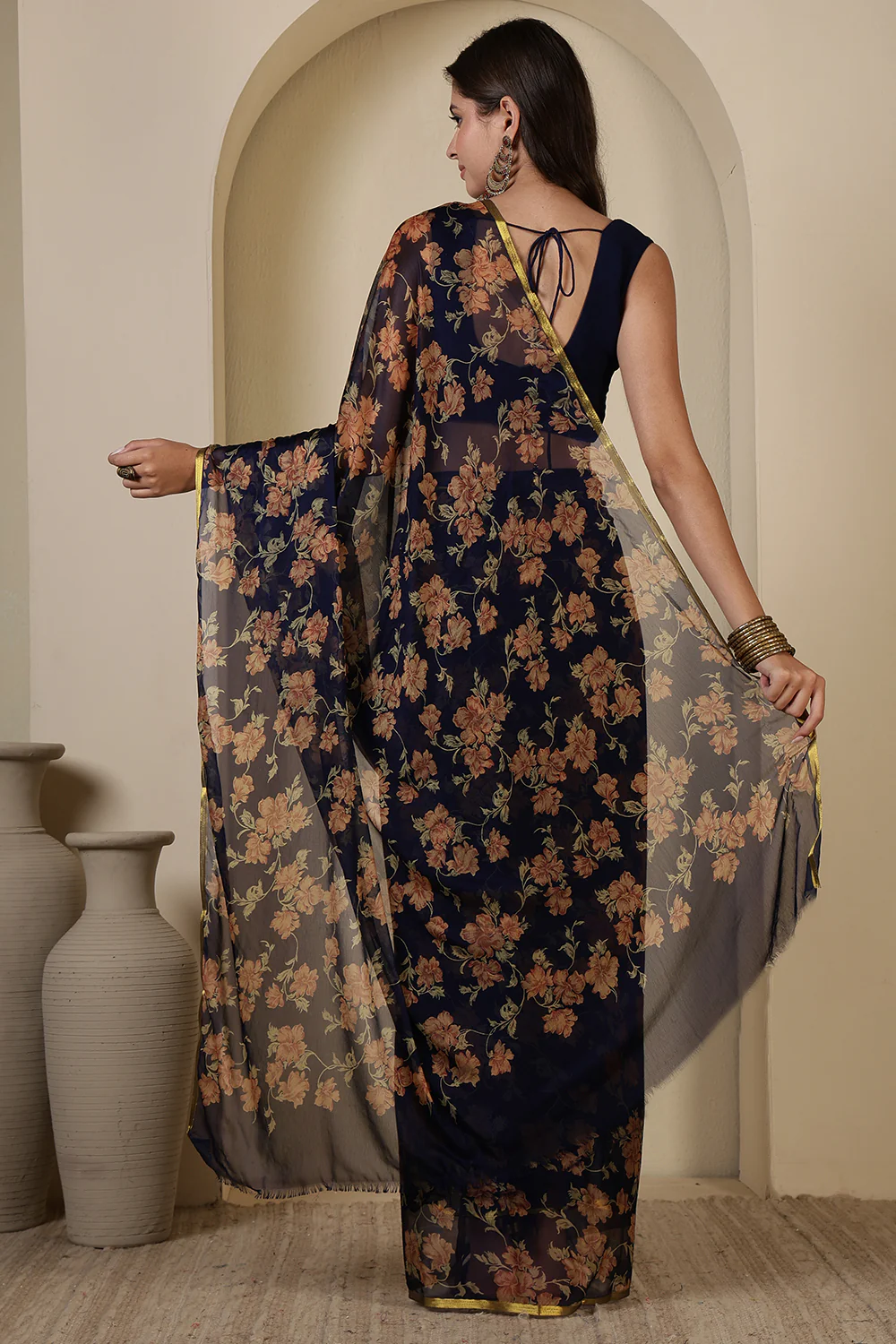 Navy Chiffon Floral Zari Border & Floral Printed Saree - Image 3